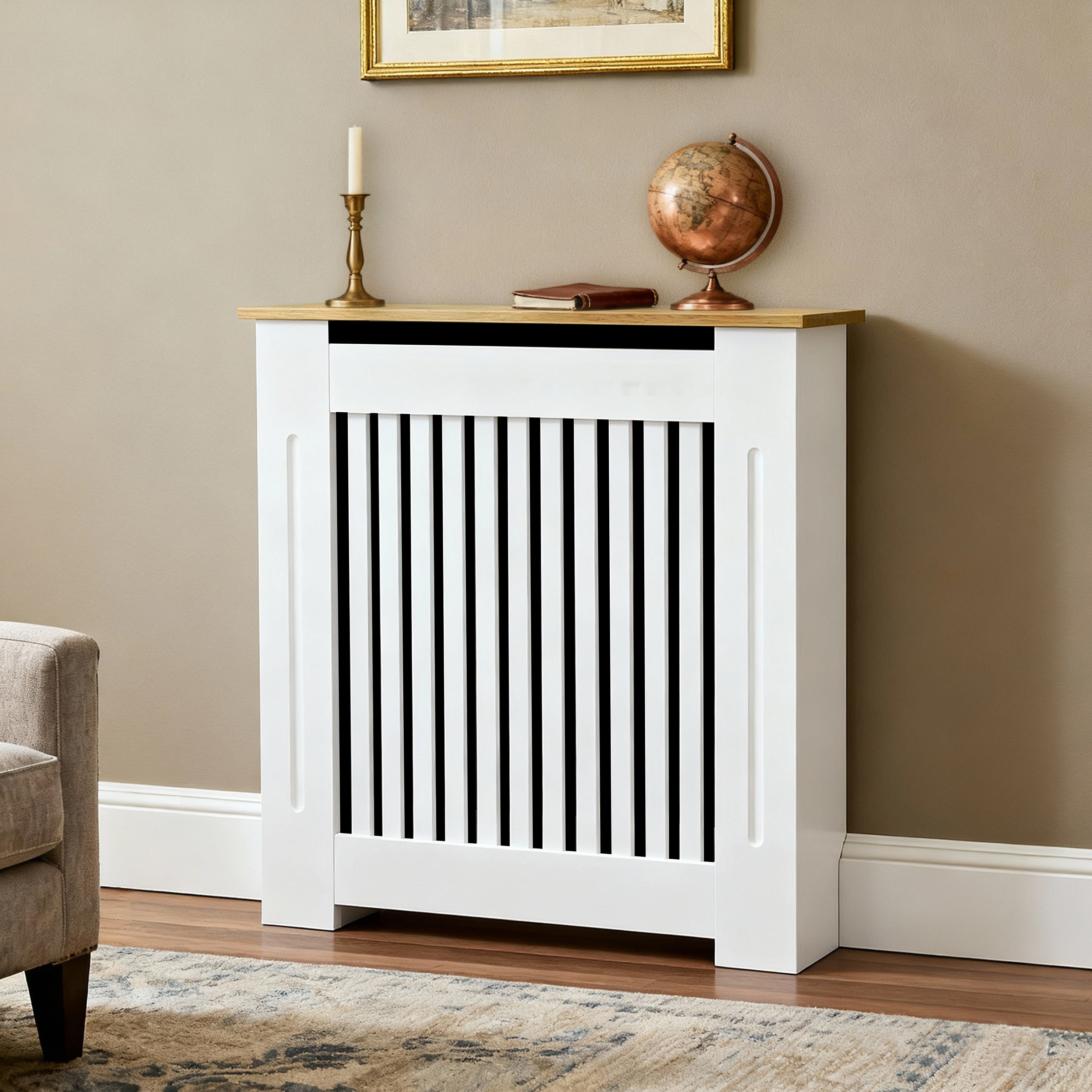FATIVO Radiator Cover | Intenal Height 90.5cm | Vertical Slatted White Radiator Cover w/ Wood-grain Top, MDF Heater Cover
