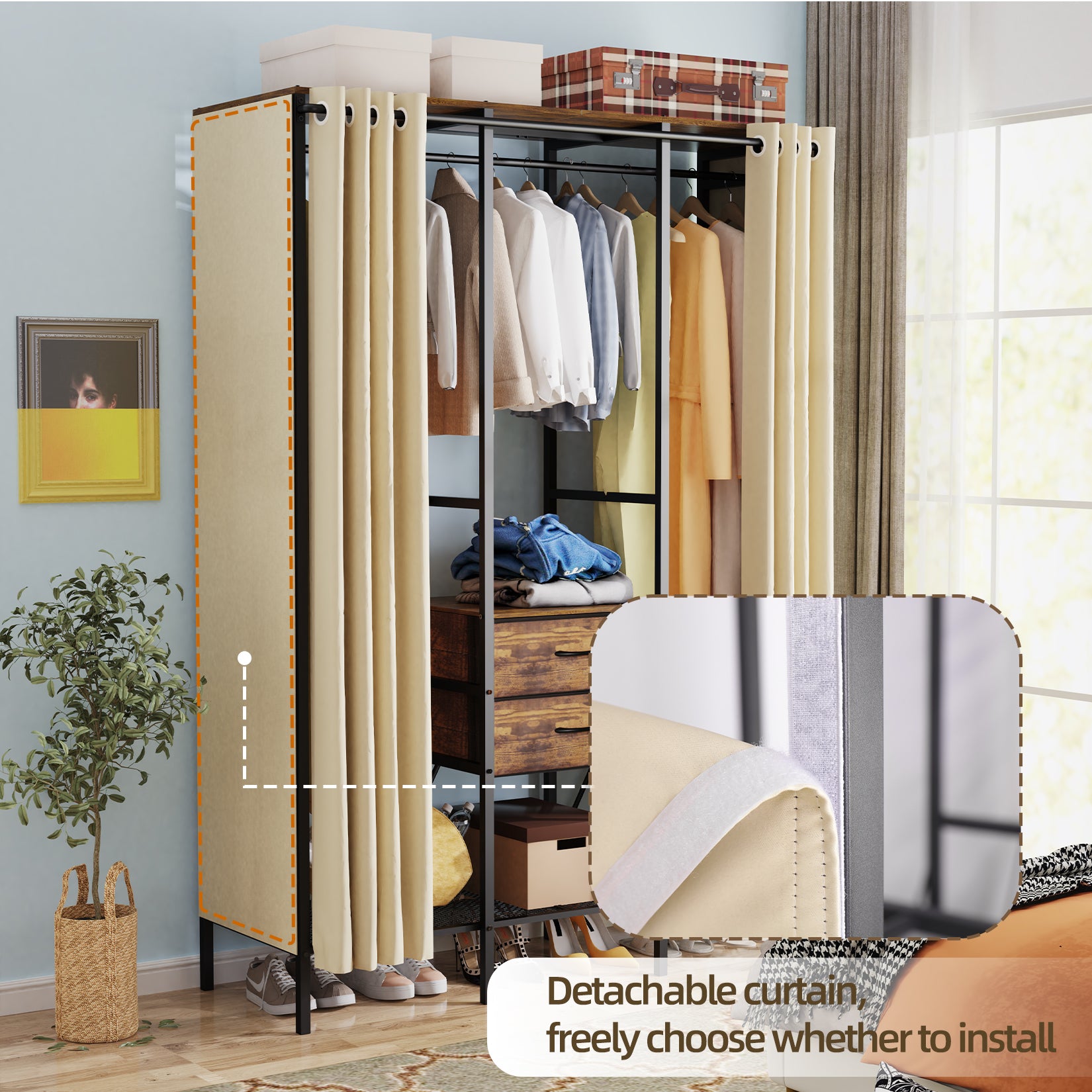 Freestanding Heavy Duty Clothes Rack Dust-proof Curtain Portable Wardrobe