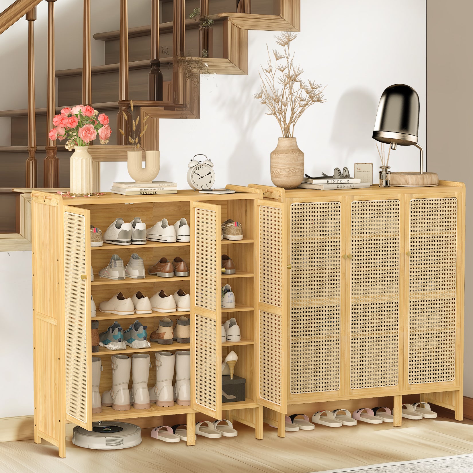 Bamboo Shoe Cabinet: 6 Tier Shelves Shoe Storage Cabinet with Hollow Doors Shoe Rack for Entryway