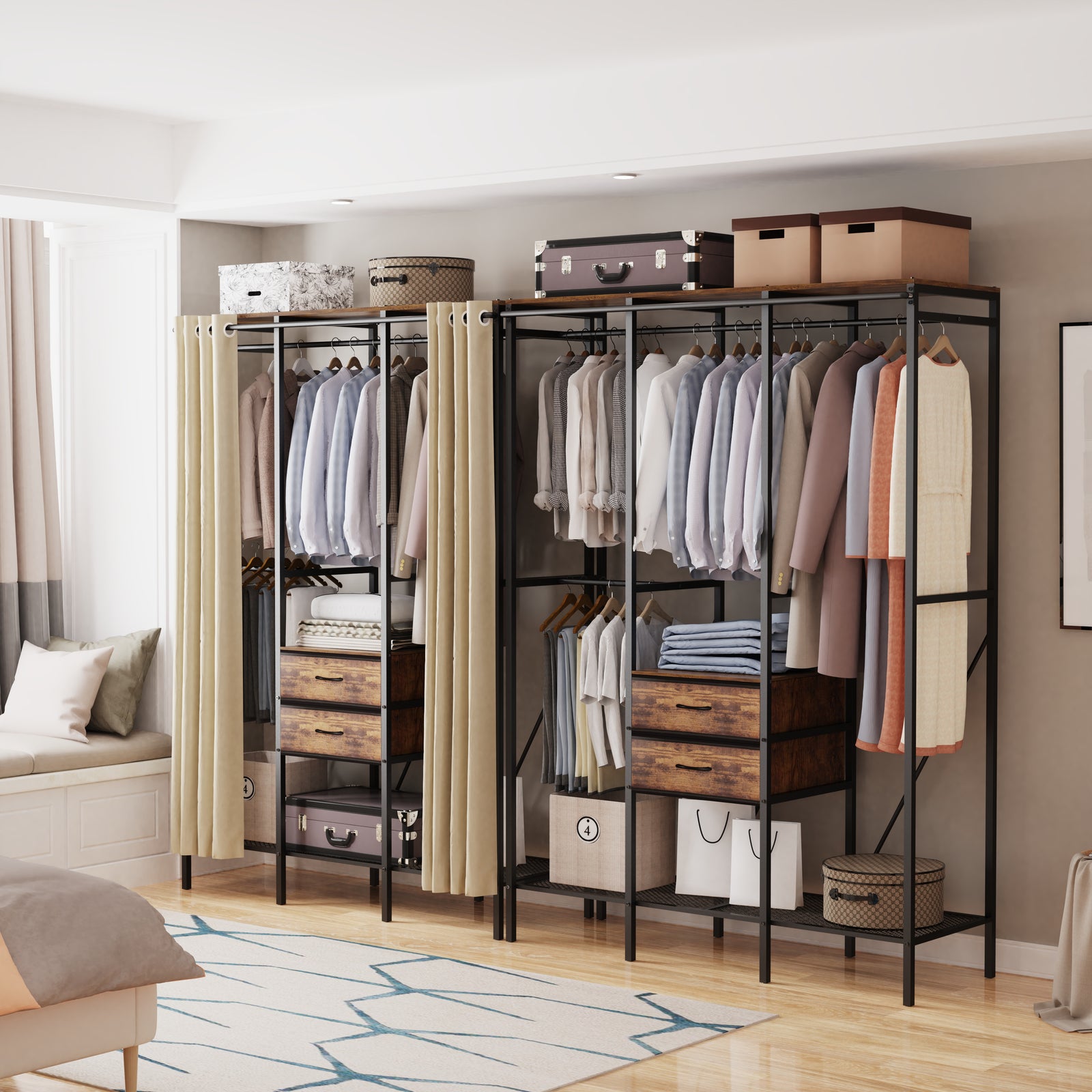 Freestanding Heavy Duty Clothes Rack Dust-proof Curtain Portable Wardr ...