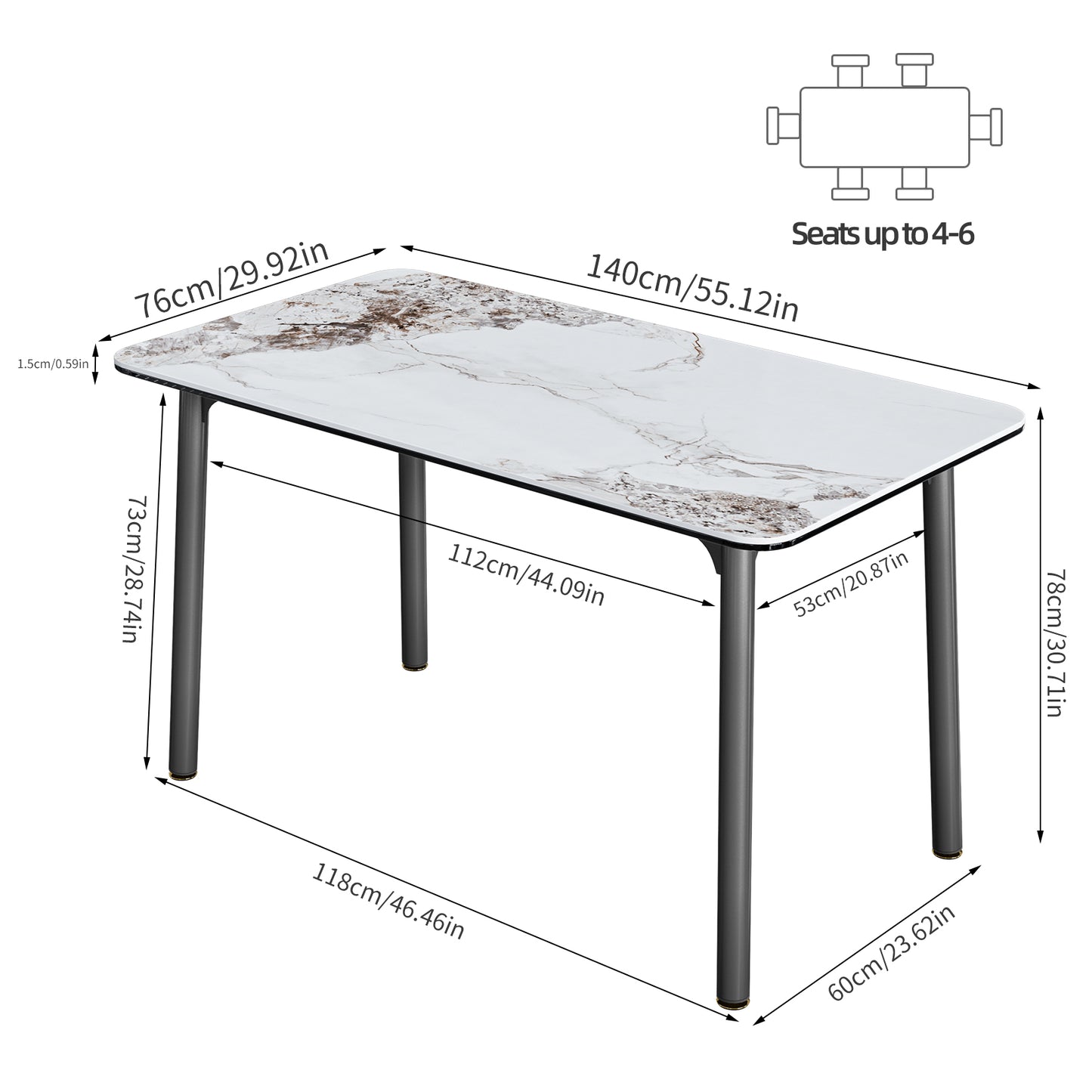 Rectangular Kitchen Dining Table w/ Sintered Stone Tempered Glass-top