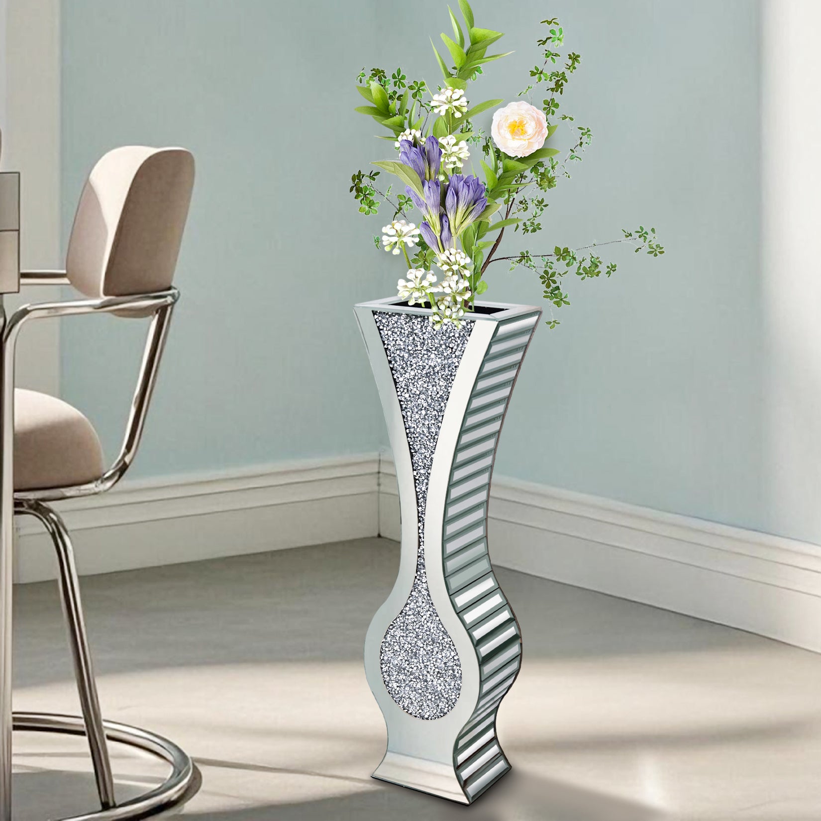 Silver 27” Tall Mirrored Vase Crushed Diamond Floor Vase Pampas Faux Flower Vase
