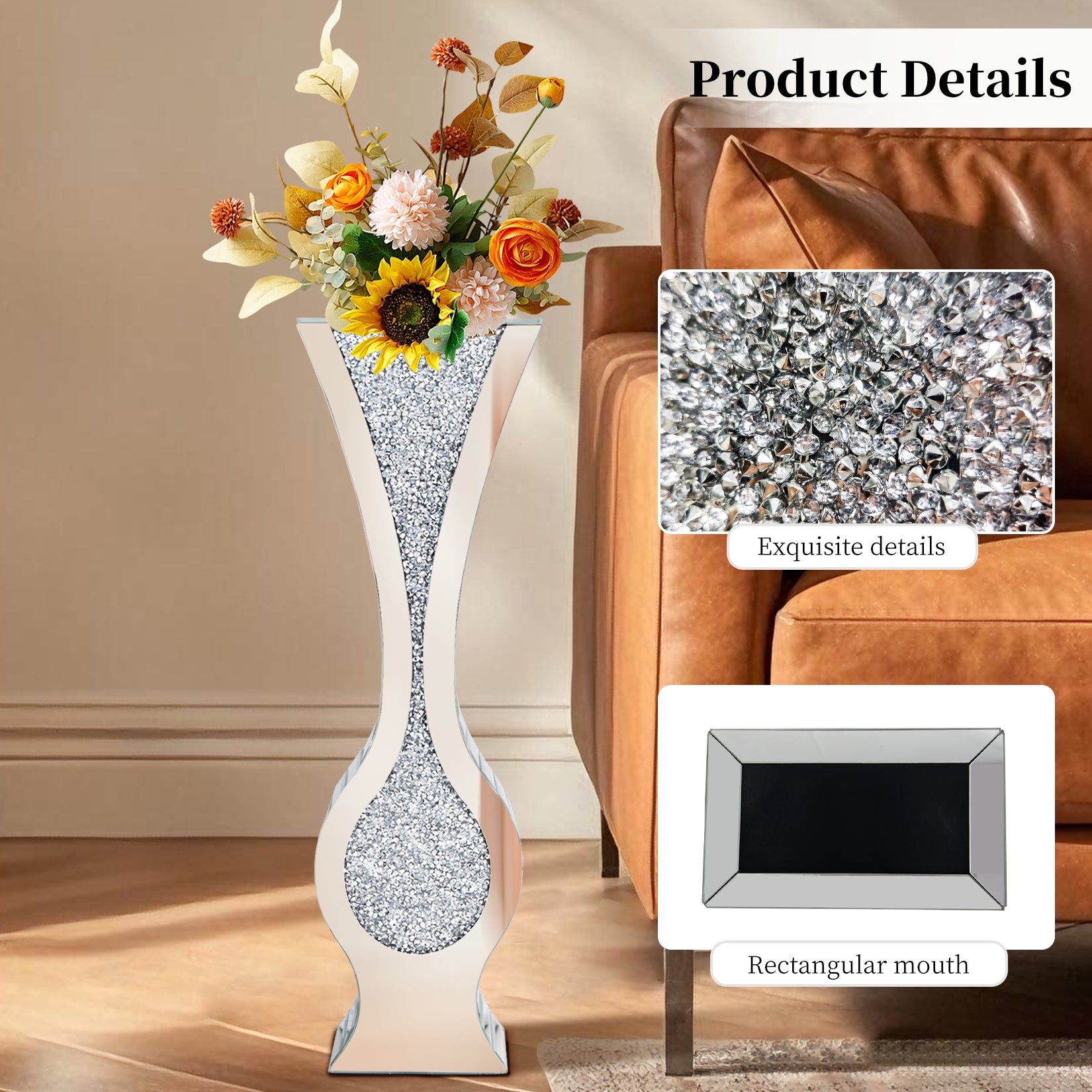 Silver 27” Tall Mirrored Vase Crushed Diamond Floor Vase Pampas Faux Flower Vase