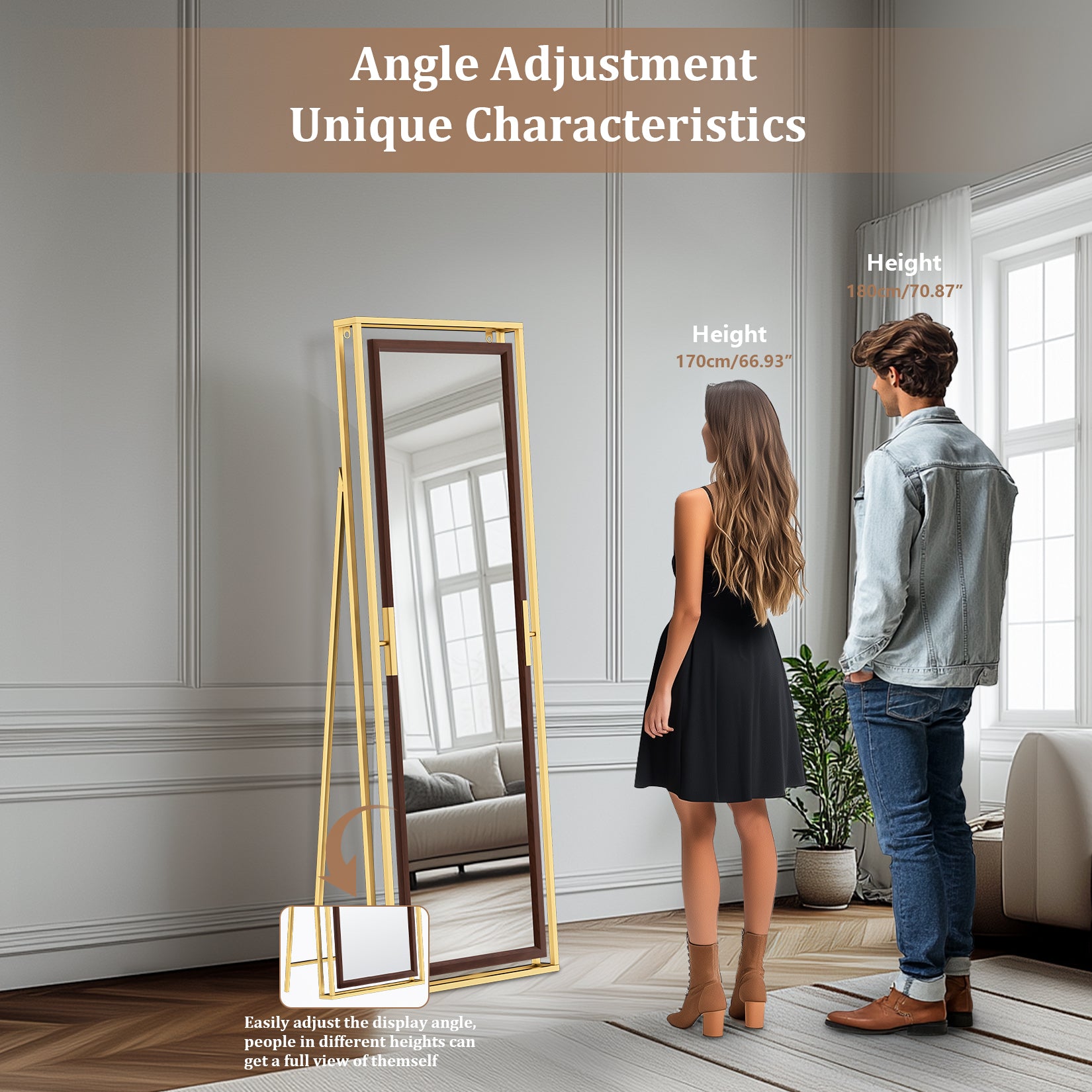 Full Length Mirror with Stand Wood Frame Wall Hanging/ Standing Dressing Mirror