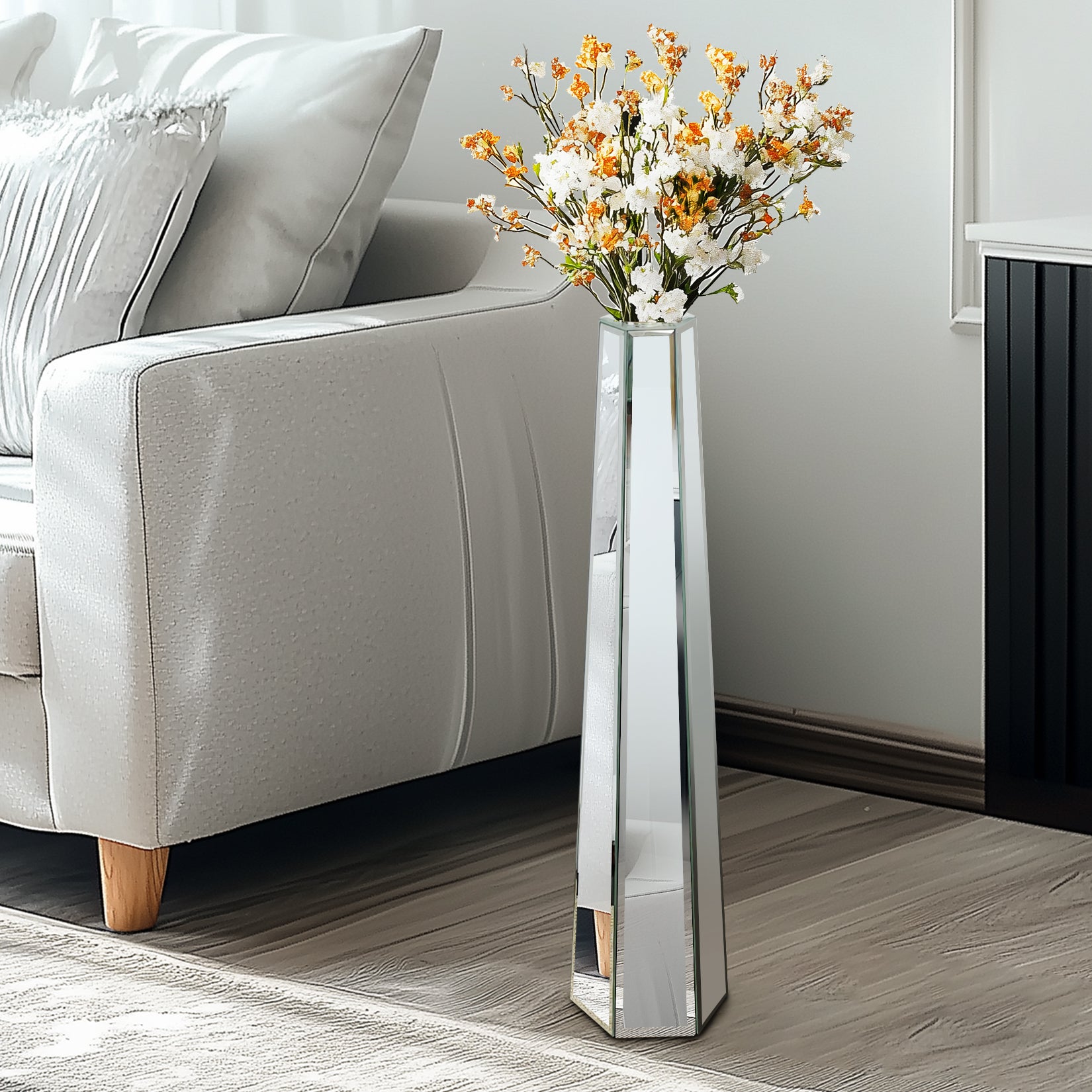 Mirrored Floor Vase: 30” Tall Mirrored Glass Flower Floor Vase for Holding Dried Flowers