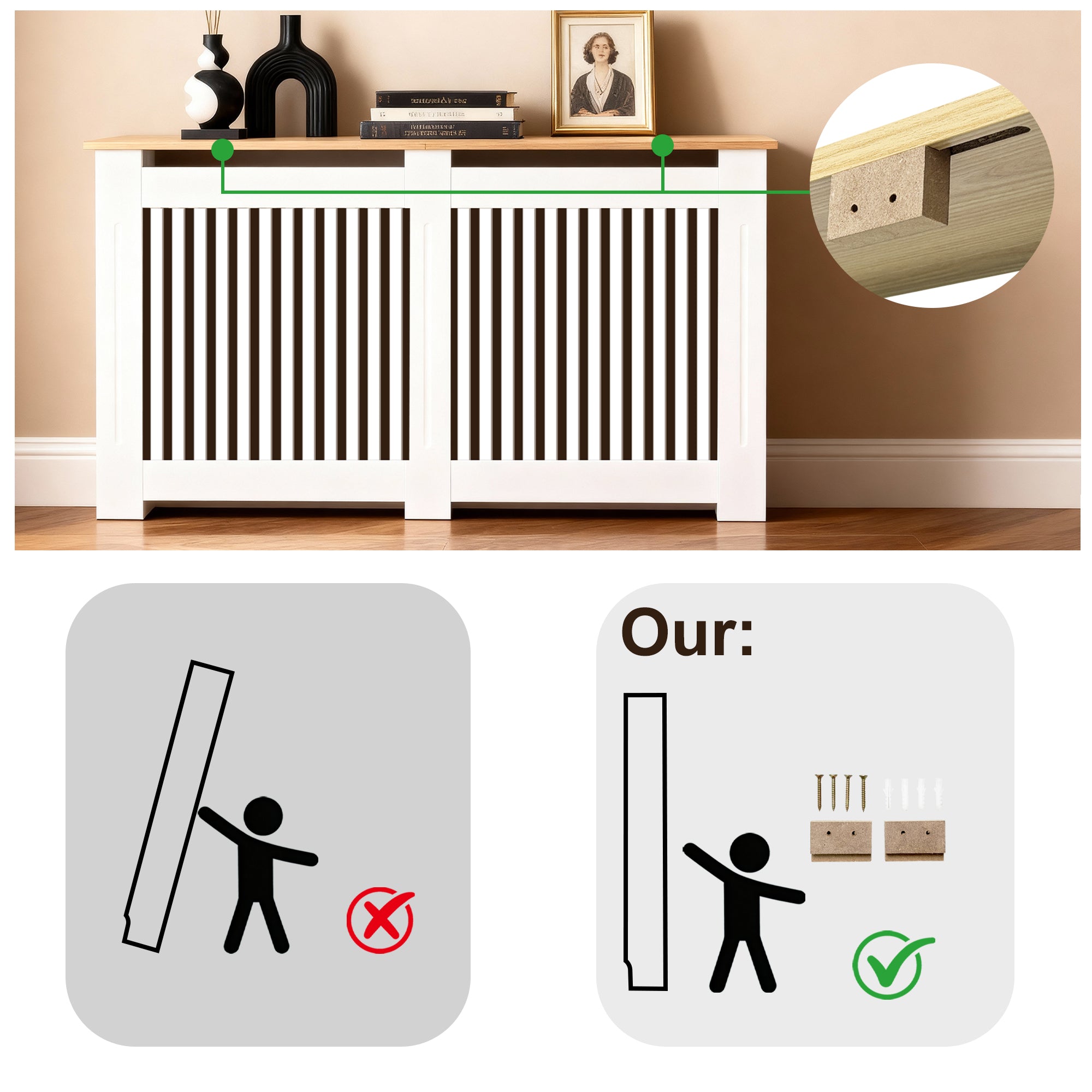 FATIVO Radiator Cover | Intenal Height 90.5cm | Vertical Slatted White Radiator Cover w/ Wood-grain Top, MDF Heater Cover