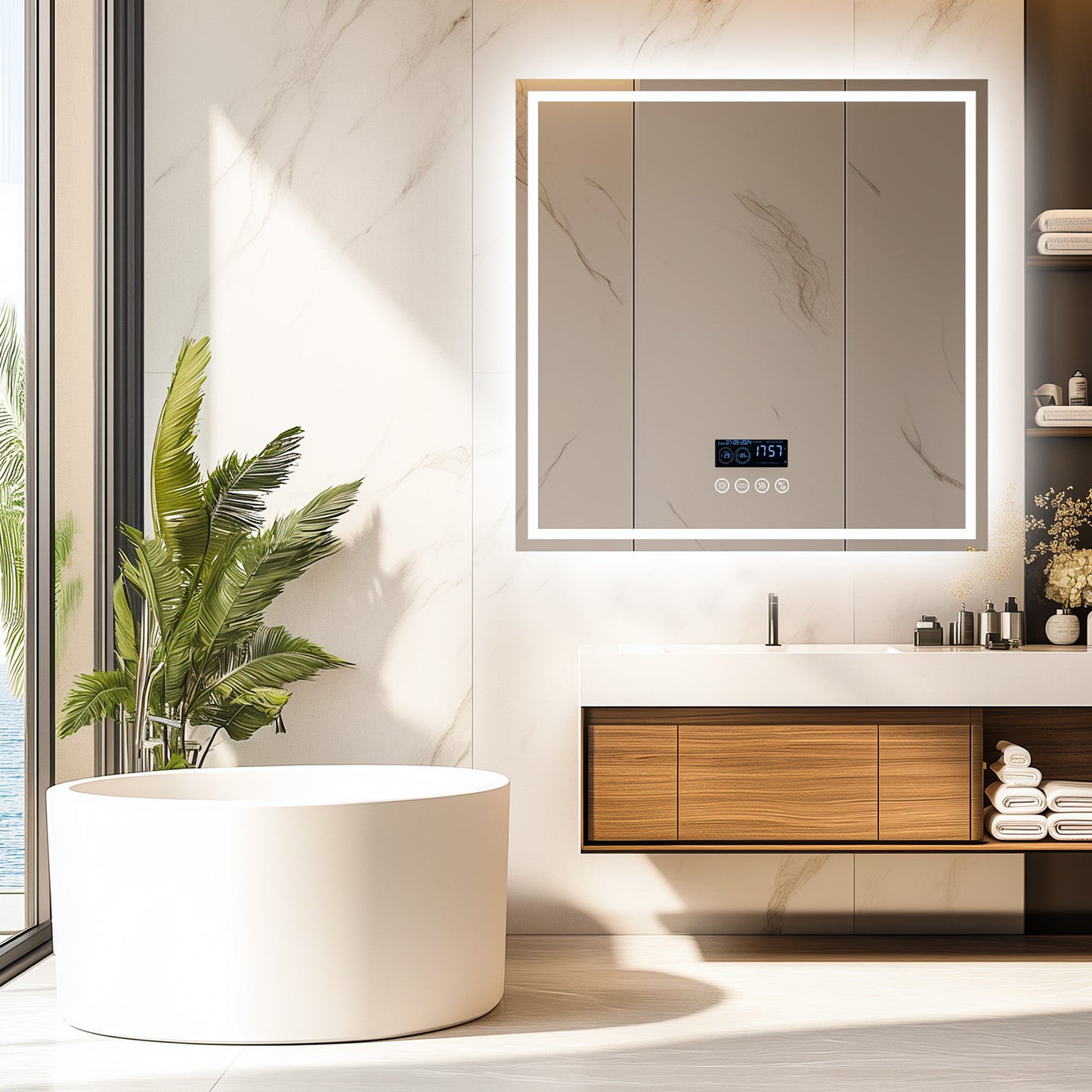 Square LED Bathroom Mirror with Bluetooth Speaker, Double Led Strips