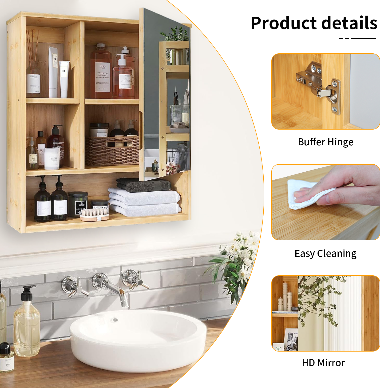 Bathroom Mirror Cabinet Wall Mounted Bamboo Medicine Cabinet Storage Stand