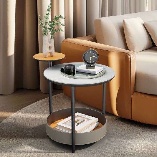 Distinctive Round Side Table Sintered Stone-top Leather Storage Accent Table