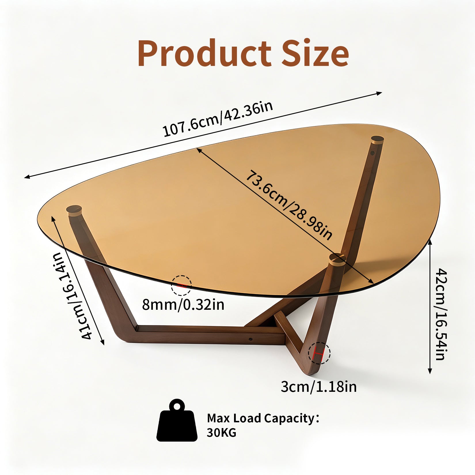 Organic Triangle Glass Center Coffee Table for Living Room, with Amber-Tinted Tempered Glass Tabletop Rubber Wooden Frame