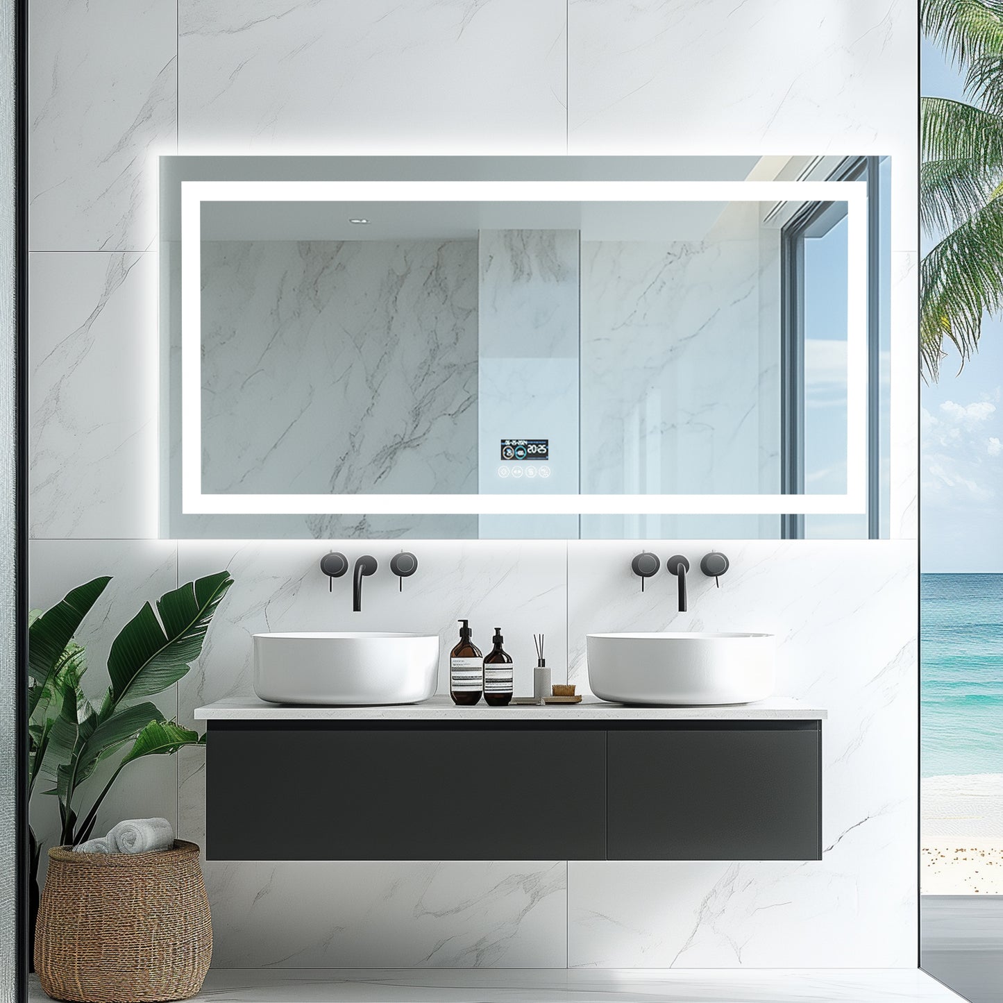 Long Rectangular LED Lighted Bathroom Mirror with Bluetooth Speaker