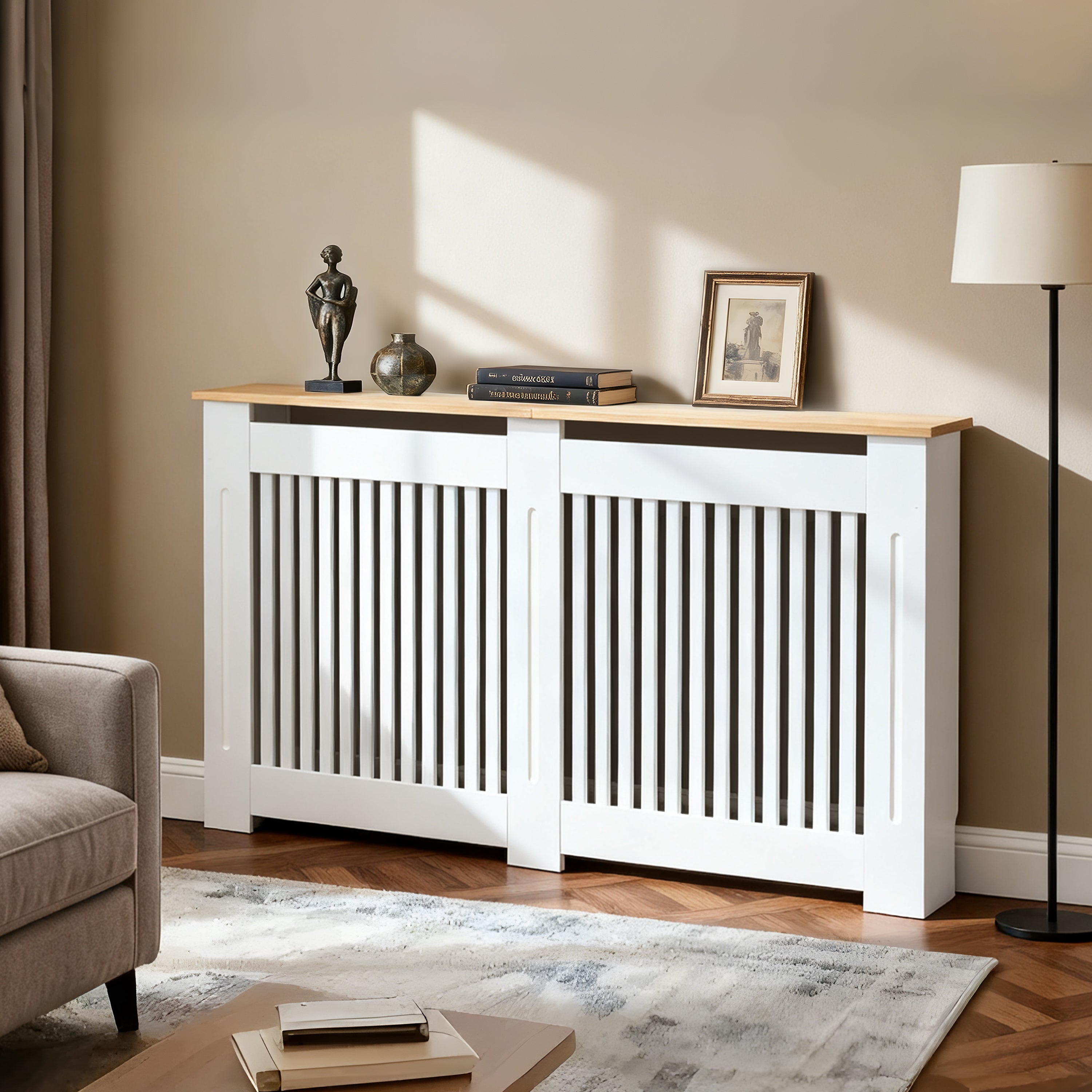 FATIVO Radiator Cover: Modern Slatted Vertical White Radiator Cover w/ Wood-grain Top, MDF Grill Shelf, Inner 90.5cm