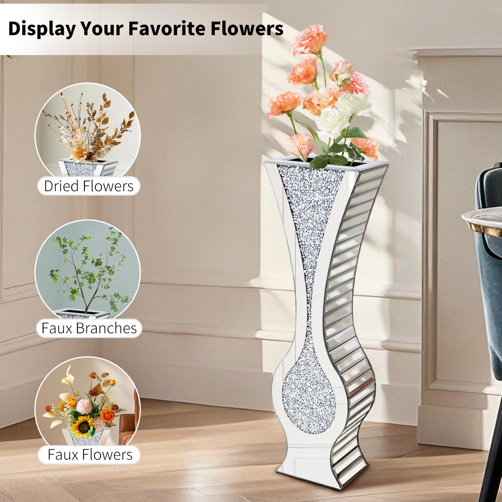 Silver 27” Tall Mirrored Vase Crushed Diamond Floor Vase Pampas Faux Flower Vase