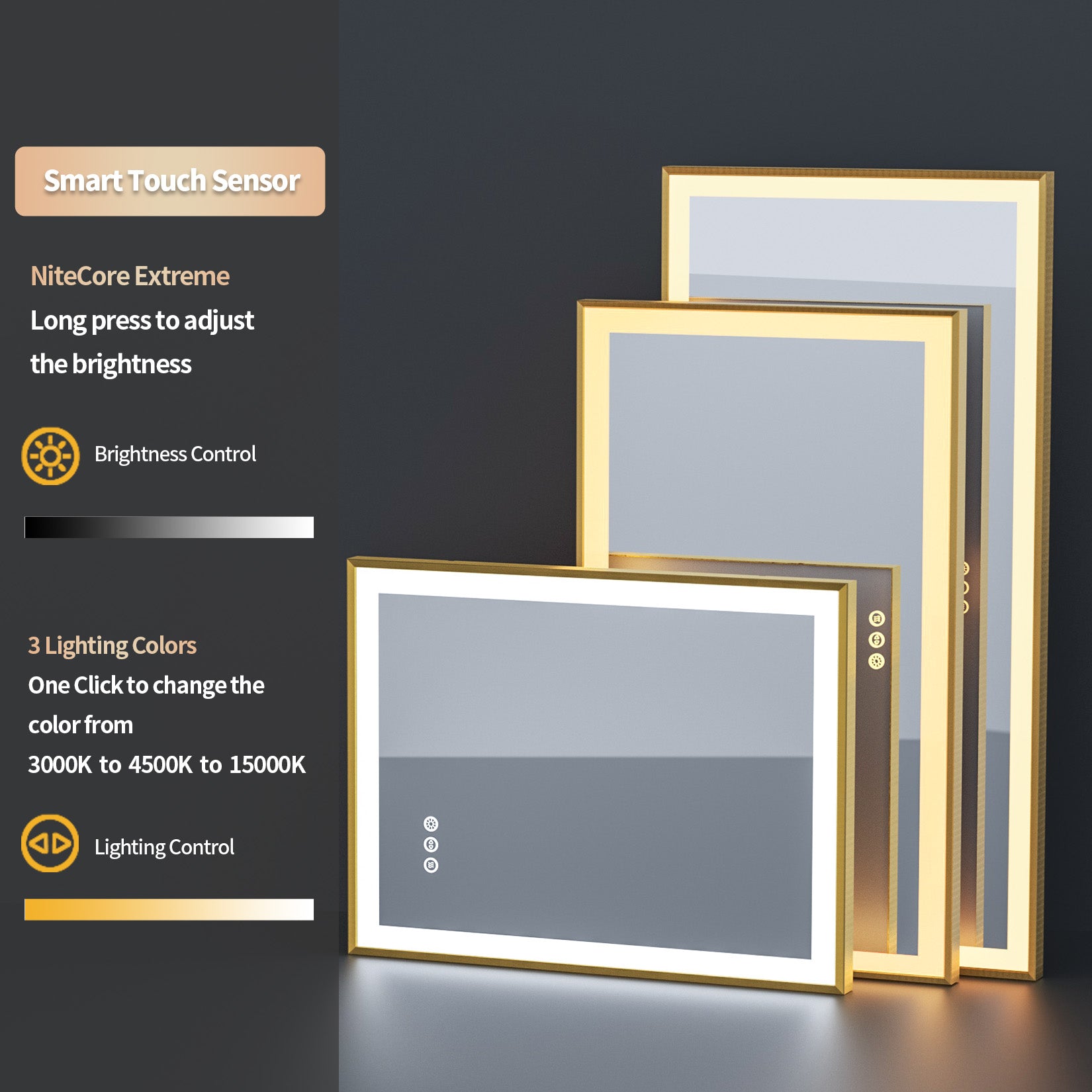 600*800mm Gold Aluminum Frame Front-lit Wall Bathroom Mirror