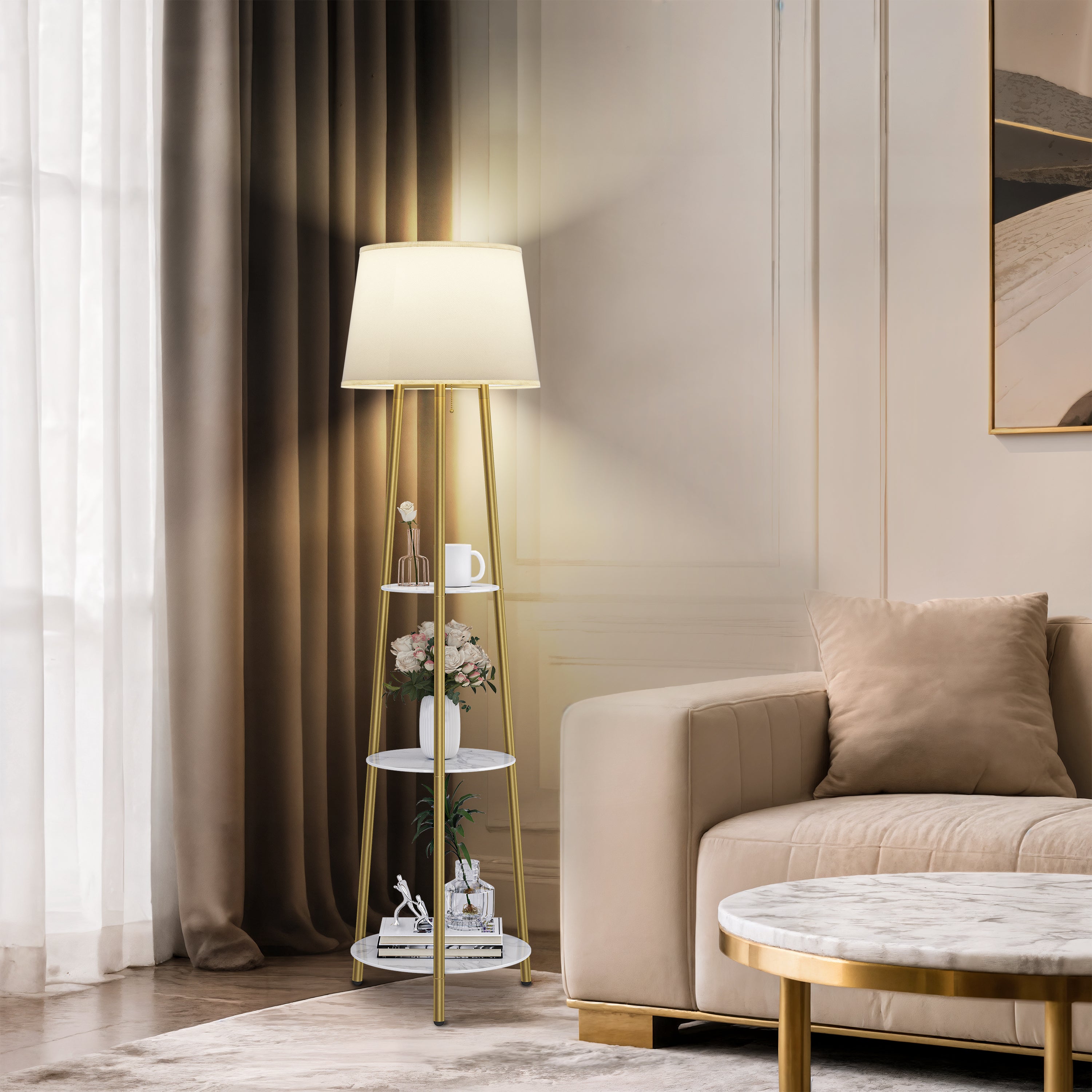 Tripod Led Floor Lamp: Modern Free Standing Floor Lamp with Sintered Stone Shelves