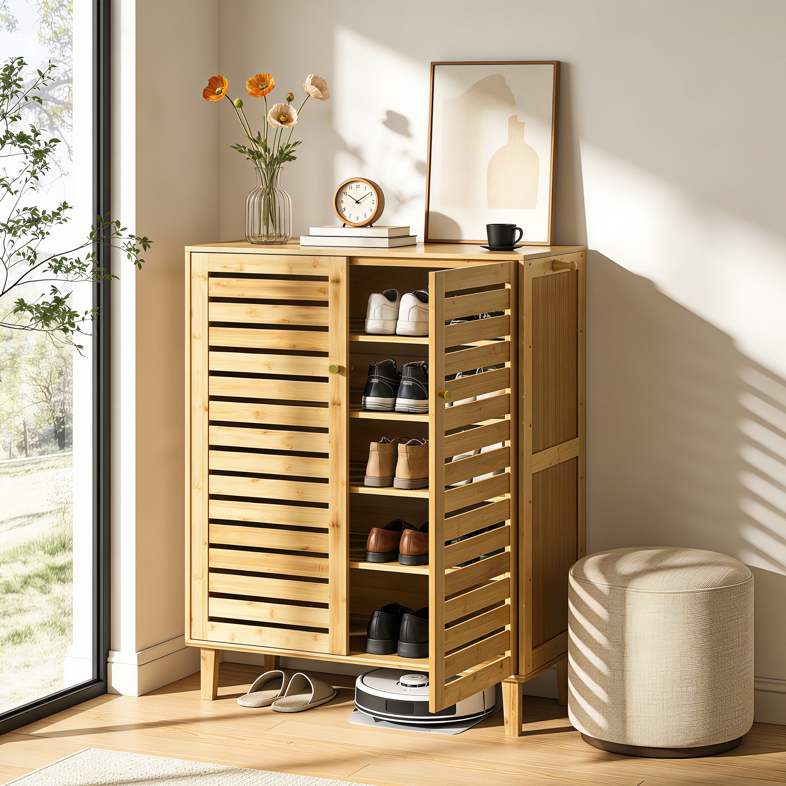 2/3 Doors Bamboo Shoes Storage Cabinet with Slatted Doors & Shelves for Entryway, Hallway