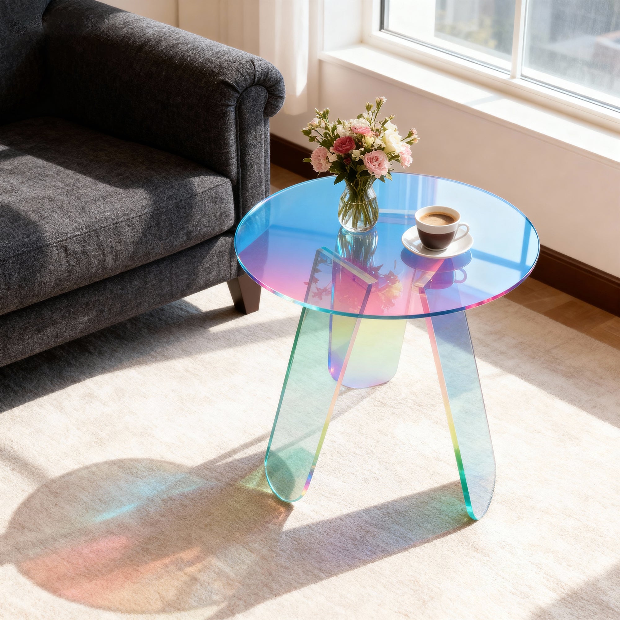 Round Iridescent Rainbow Acrylic End Table w/ PVC Table Cover Acrylic Side Table