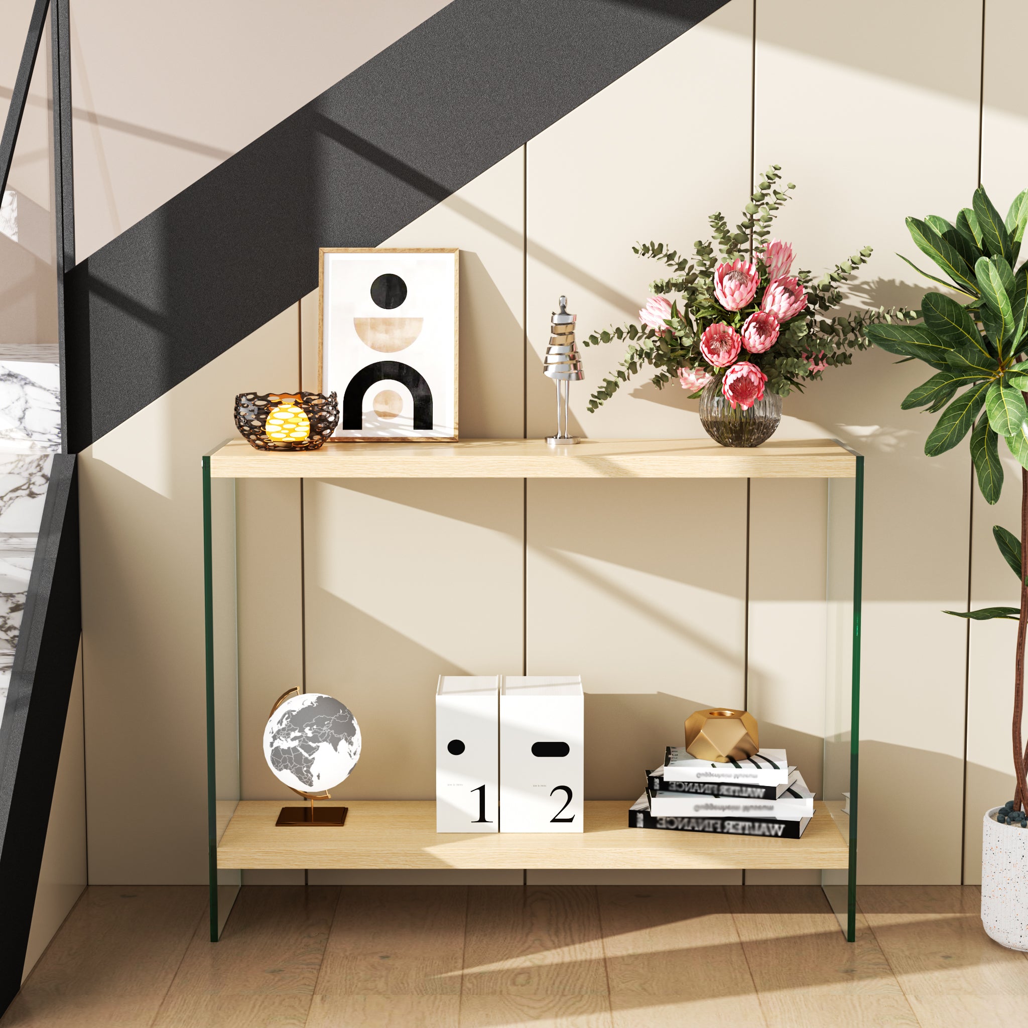 Rectangular Console Table Wood-finish MDF Sofa Side Storage Table Glass Frame