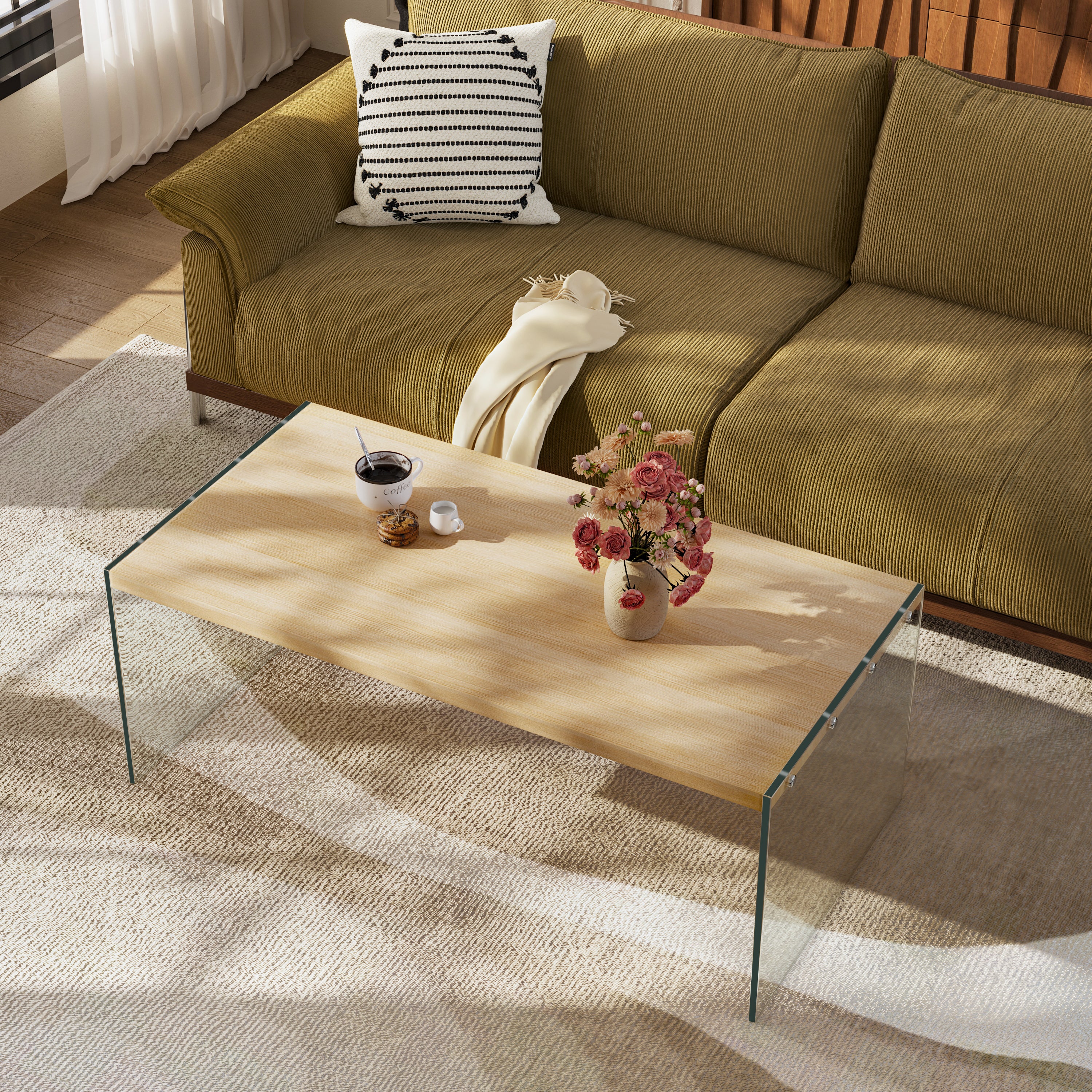 Rectangular Coffee Table: New Release Wood-tone MDF Coffee Table with Tempered Glass Legs
