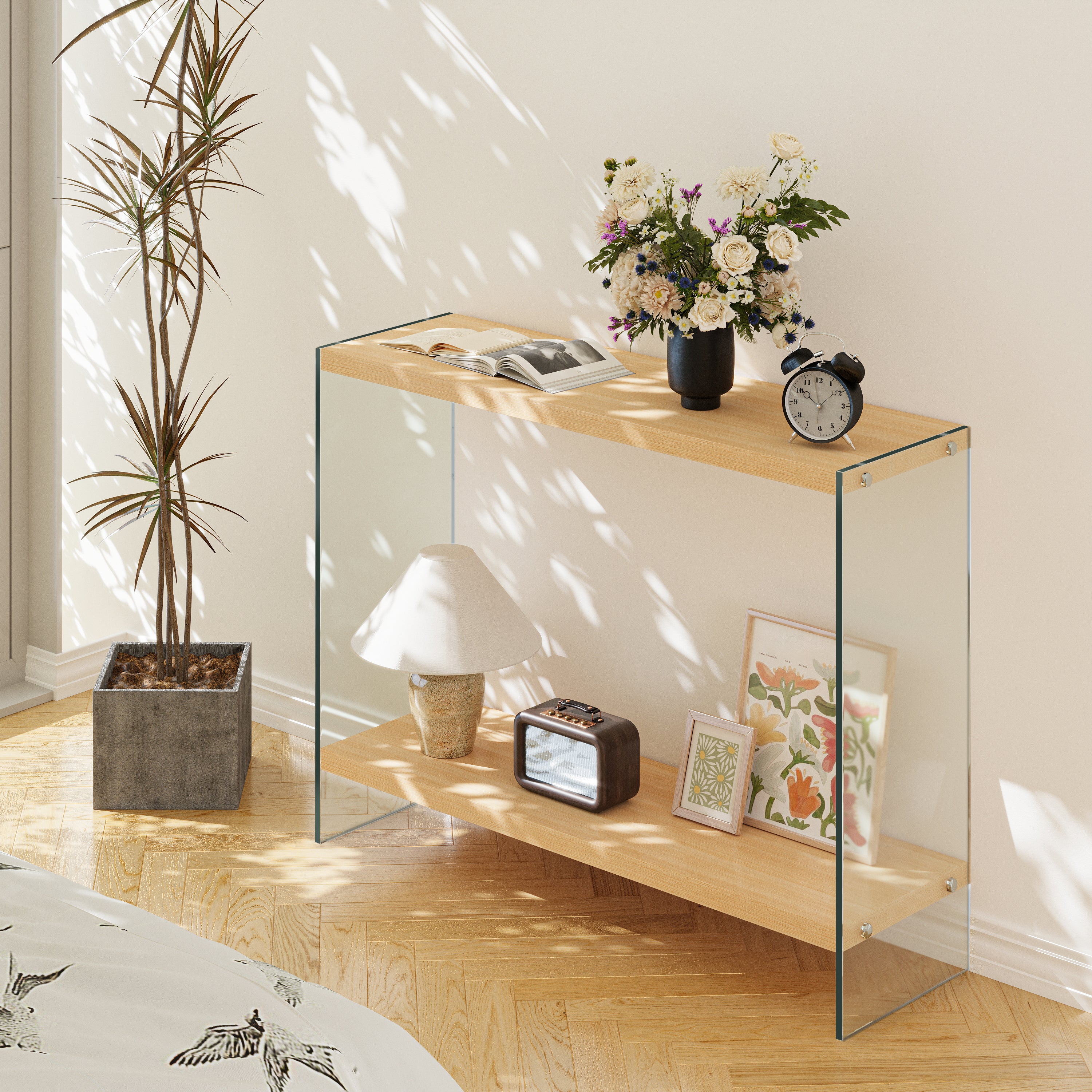 Rectangular Console Table Wood-finish MDF Sofa Side Storage Table Glass Frame