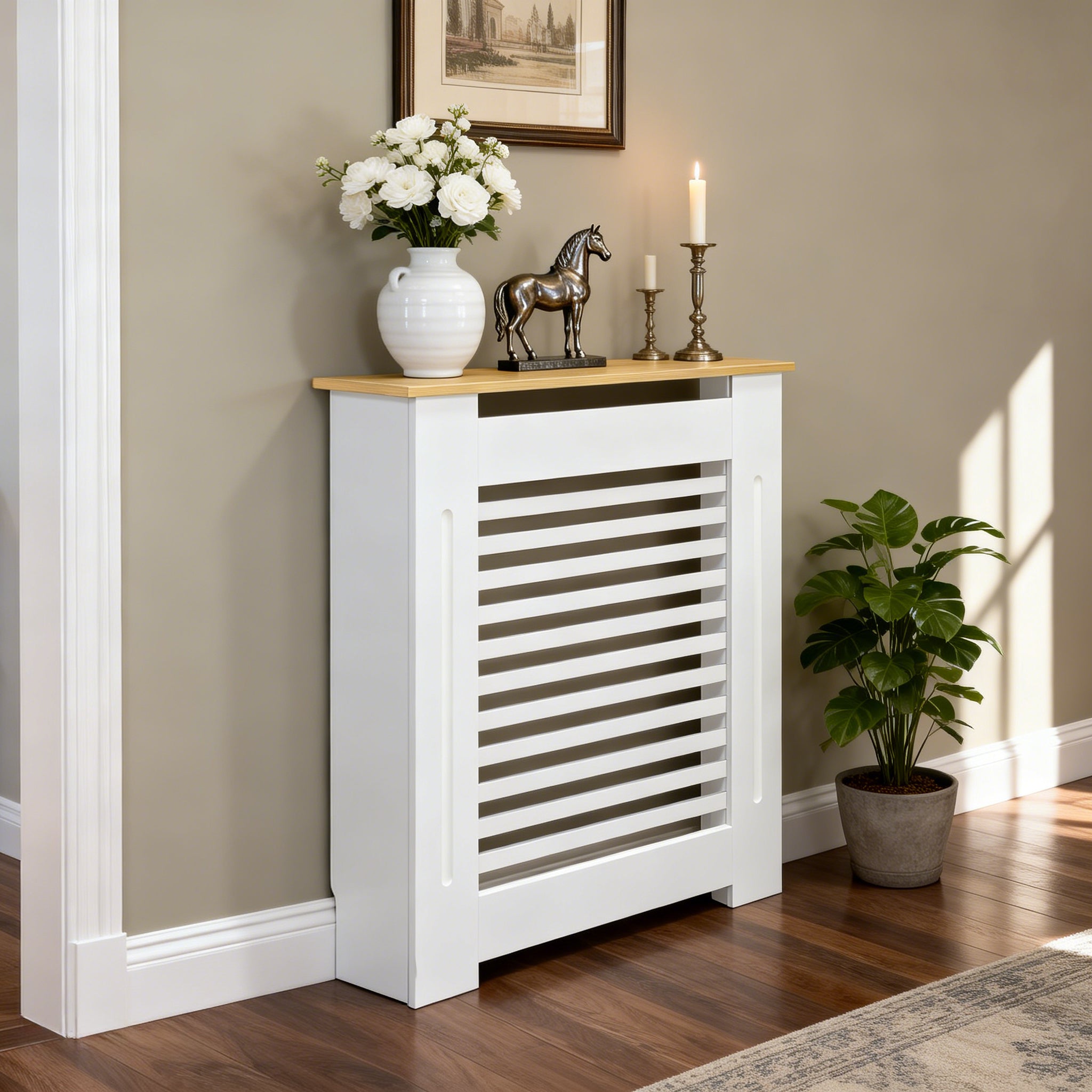 FATIVO Radiator Cover: Internal Height 90.5cm | Horizontal Slatted Radiator Cover with Natural Wood Texture Top, White MDF Wall Heater Cover for Old, Compact Radiators