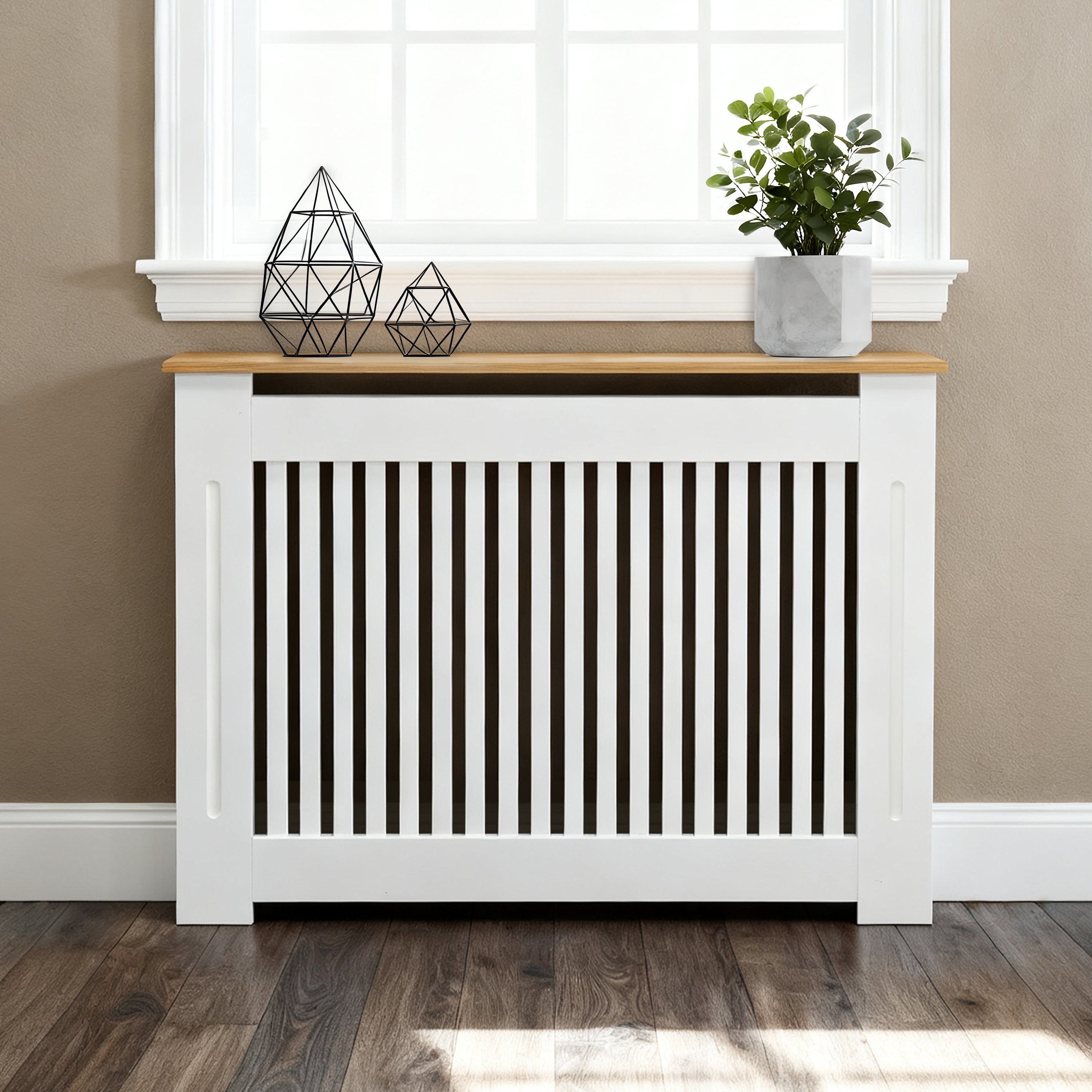 FATIVO Radiator Cover | Intenal Height 90.5cm | Vertical Slatted White Radiator Cover w/ Wood-grain Top, MDF Heater Cover