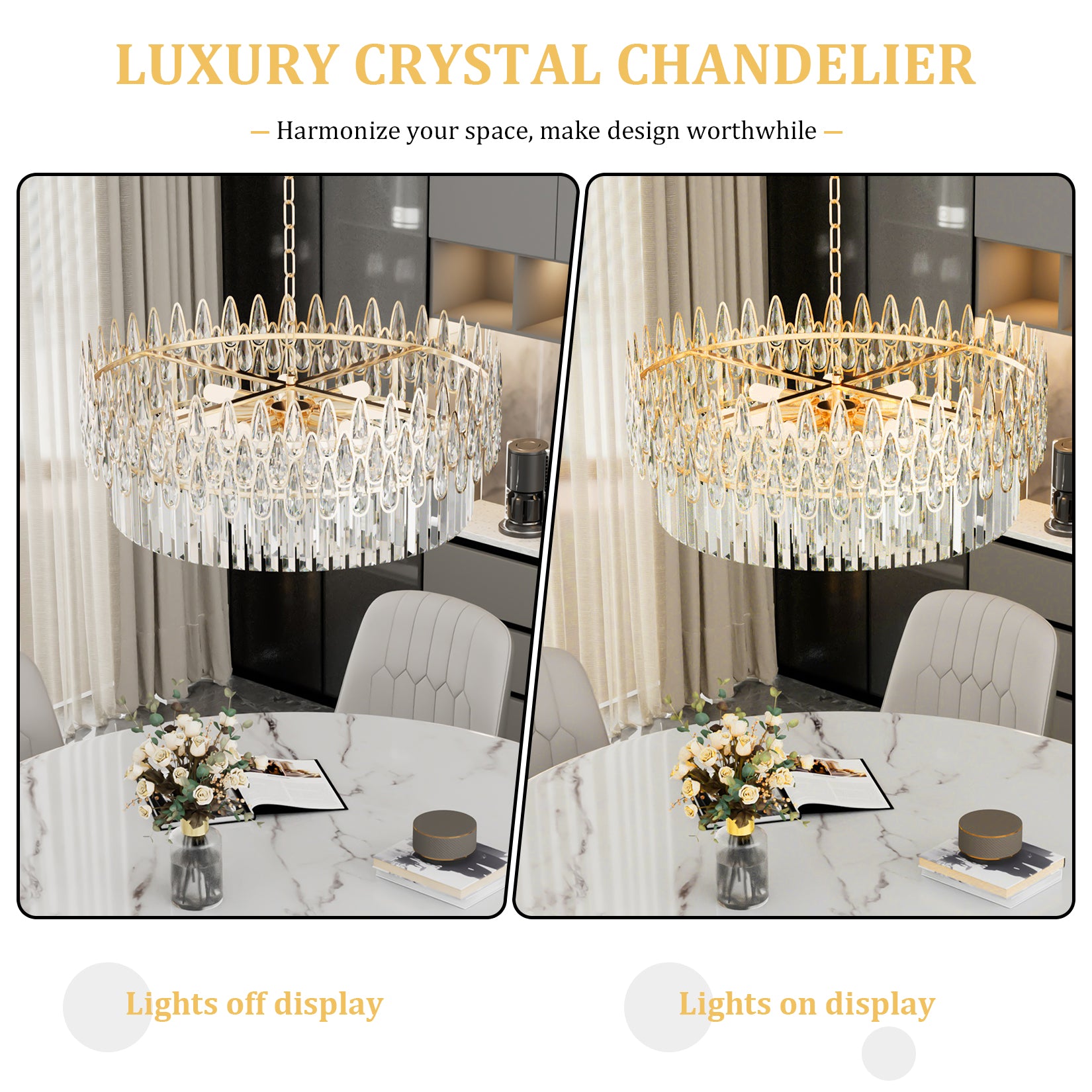 Luxurious Round Crystal Chandelier Pendant Lamp with Raindrops Oblong Crystals