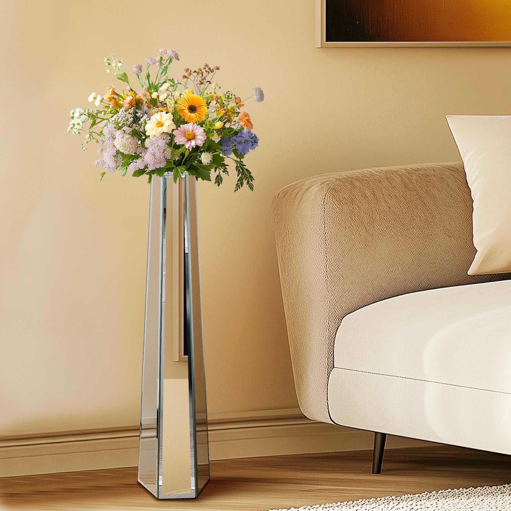 Mirrored Floor Vase: 30” Tall Mirrored Glass Flower Floor Vase for Holding Dried Flowers