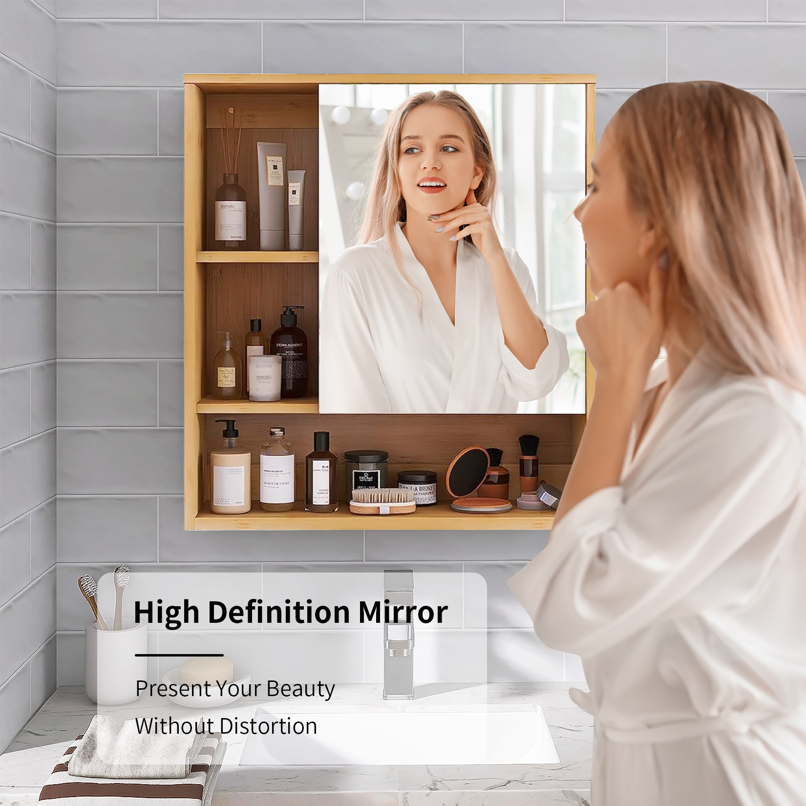 Bathroom Mirror Cabinet Wall Mounted Bamboo Medicine Cabinet Storage Stand