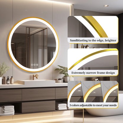 Golden Round Bathroom Mirror Aluminum Frame, Front-lit Vanity Mirror