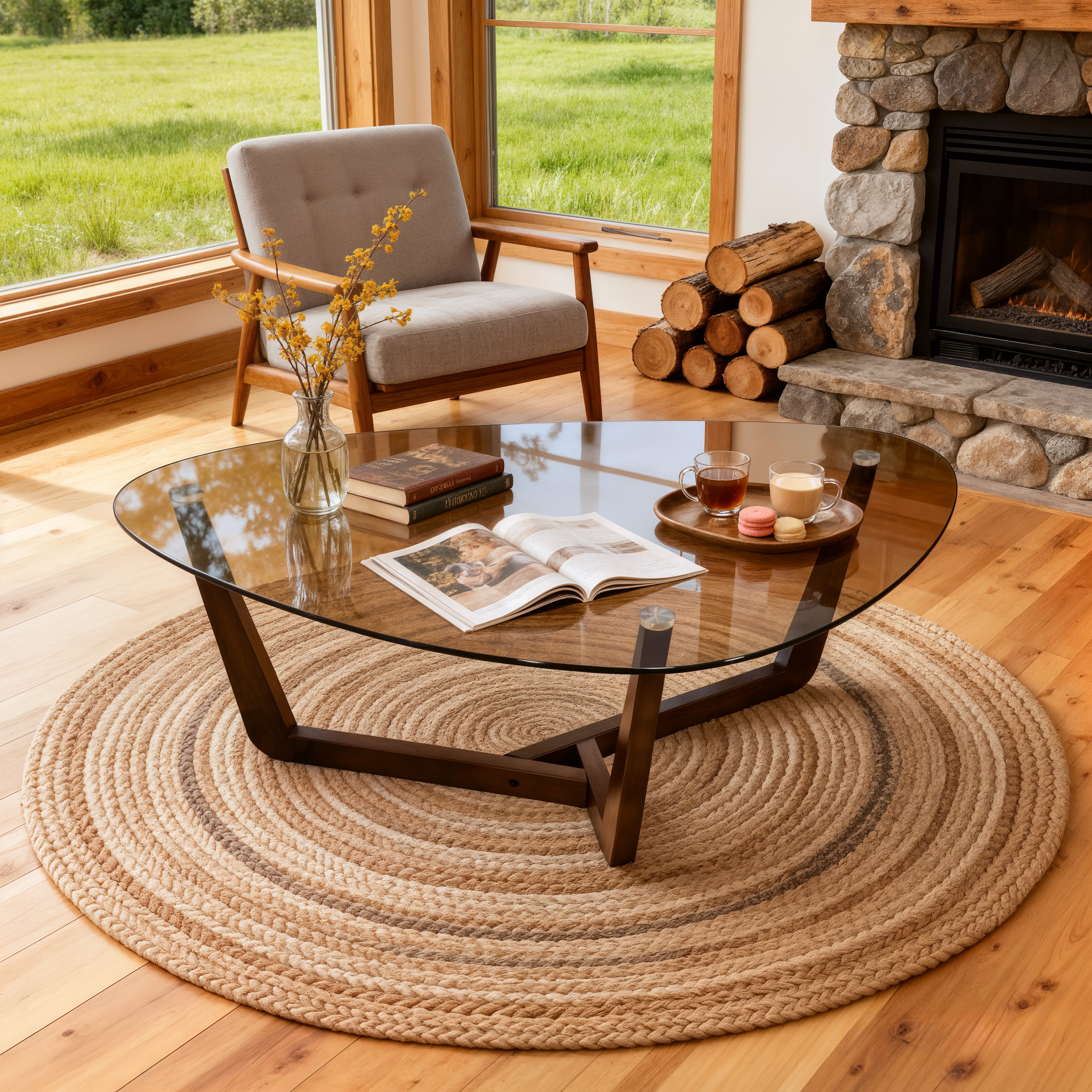 Organic Triangle Glass Center Coffee Table for Living Room, with Amber-Tinted Tempered Glass Tabletop Rubber Wooden Frame