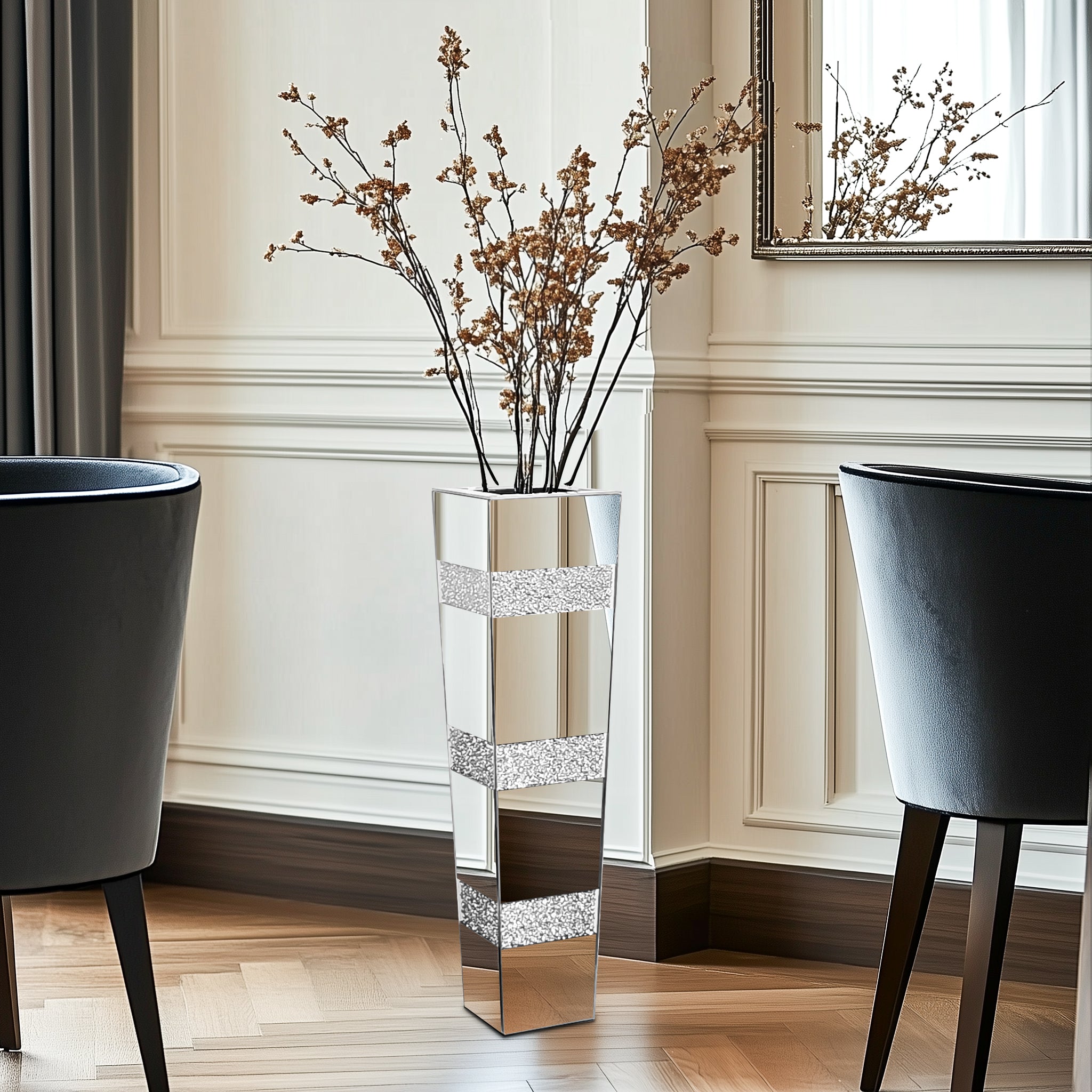Decorative Mirrored Flower Vase Table Vase with Crushed Diamonds Luxury Silver Decor