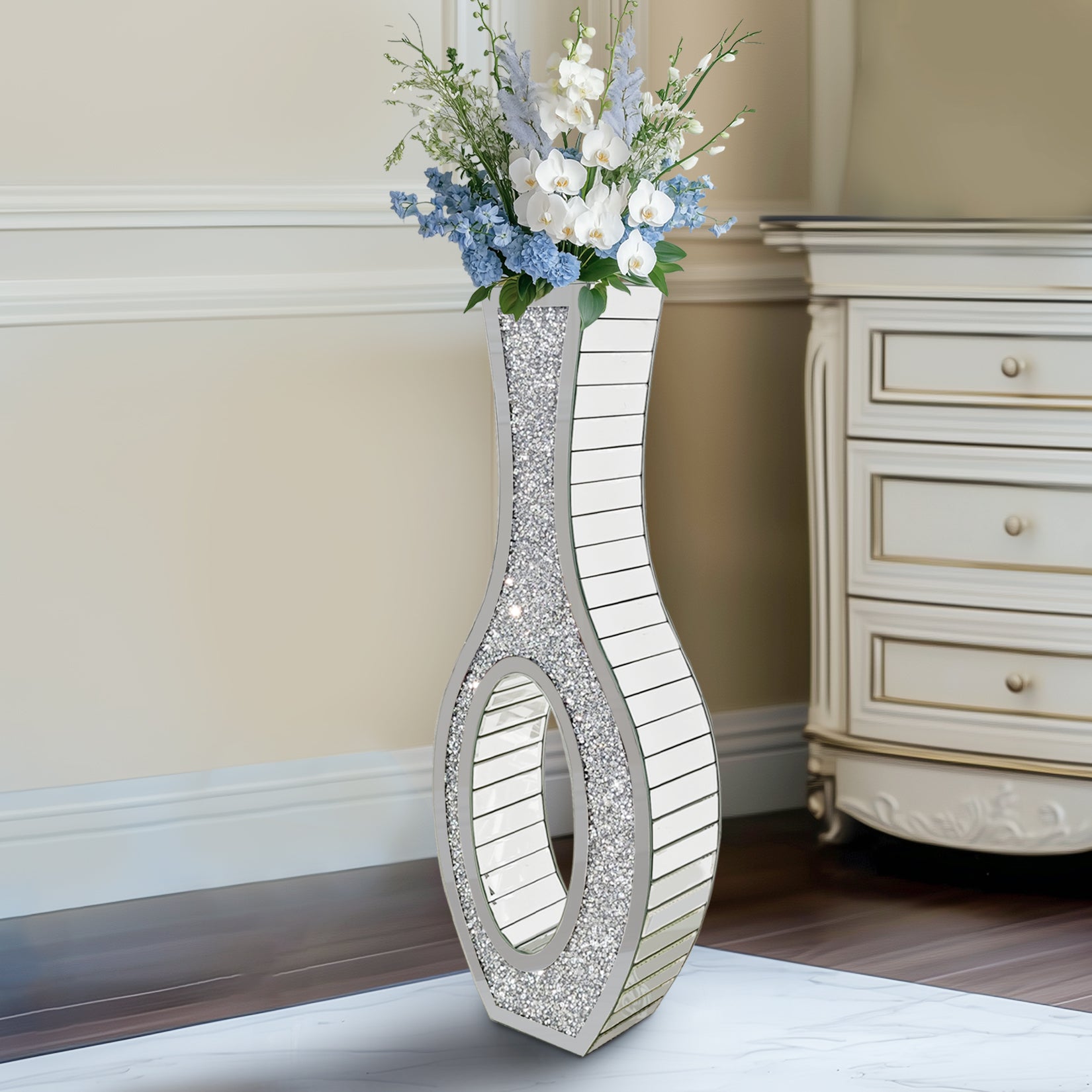 Crushed Diamond Floor Vase: Silver Mirror Vase Geometric Bling Floor-Standing Luxury Home Decor