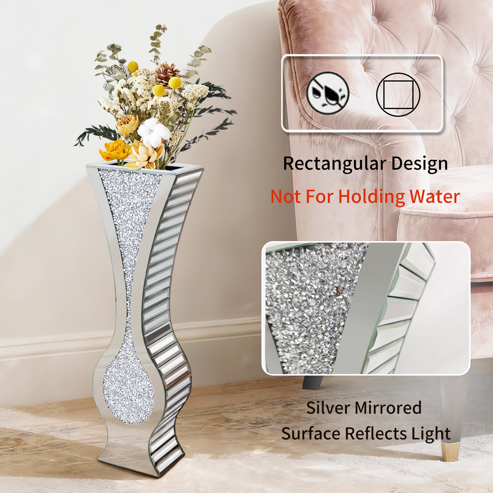 Silver 27” Tall Mirrored Vase Crushed Diamond Floor Vase Pampas Faux Flower Vase