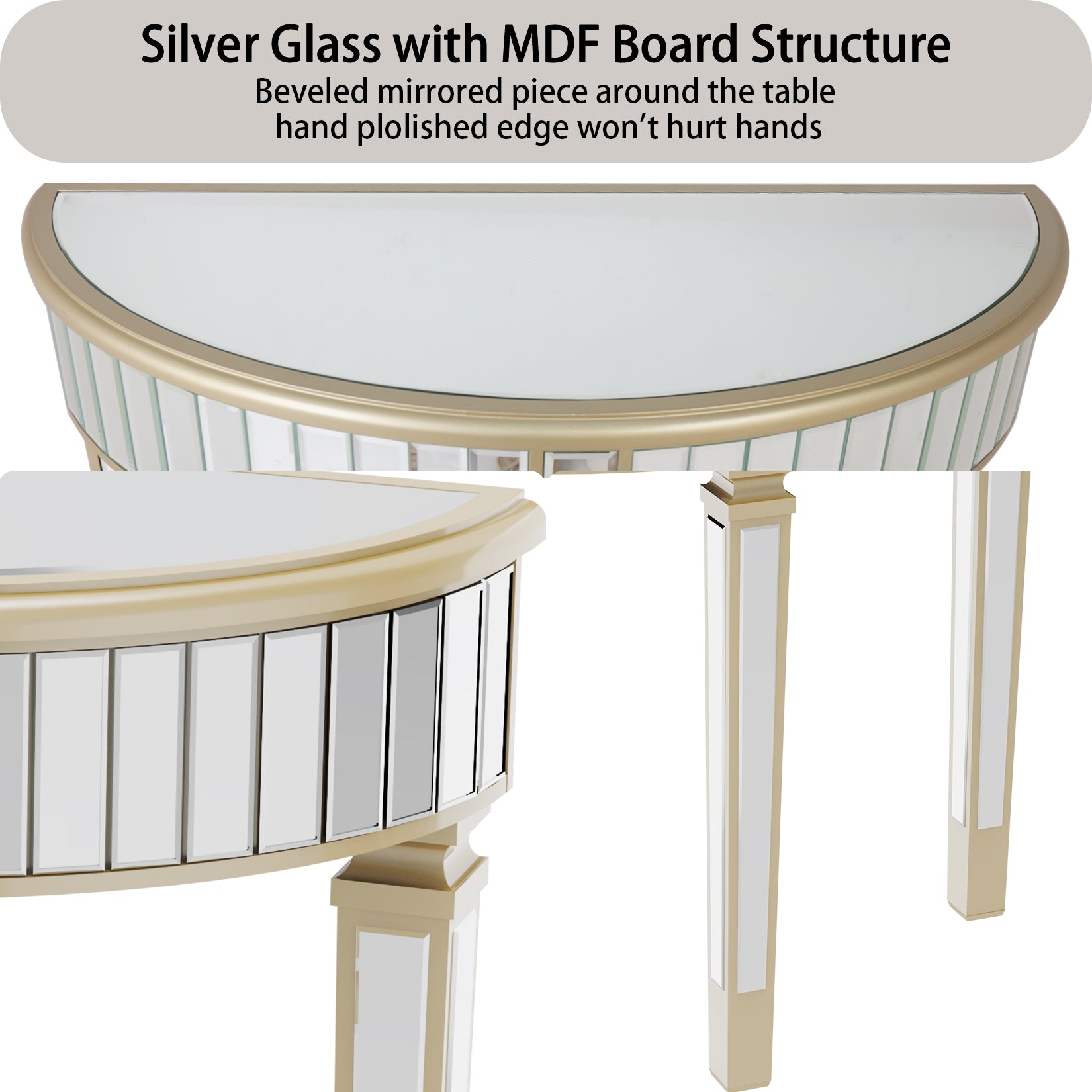 Half-moon Silver Mirrored Console Entryway Table