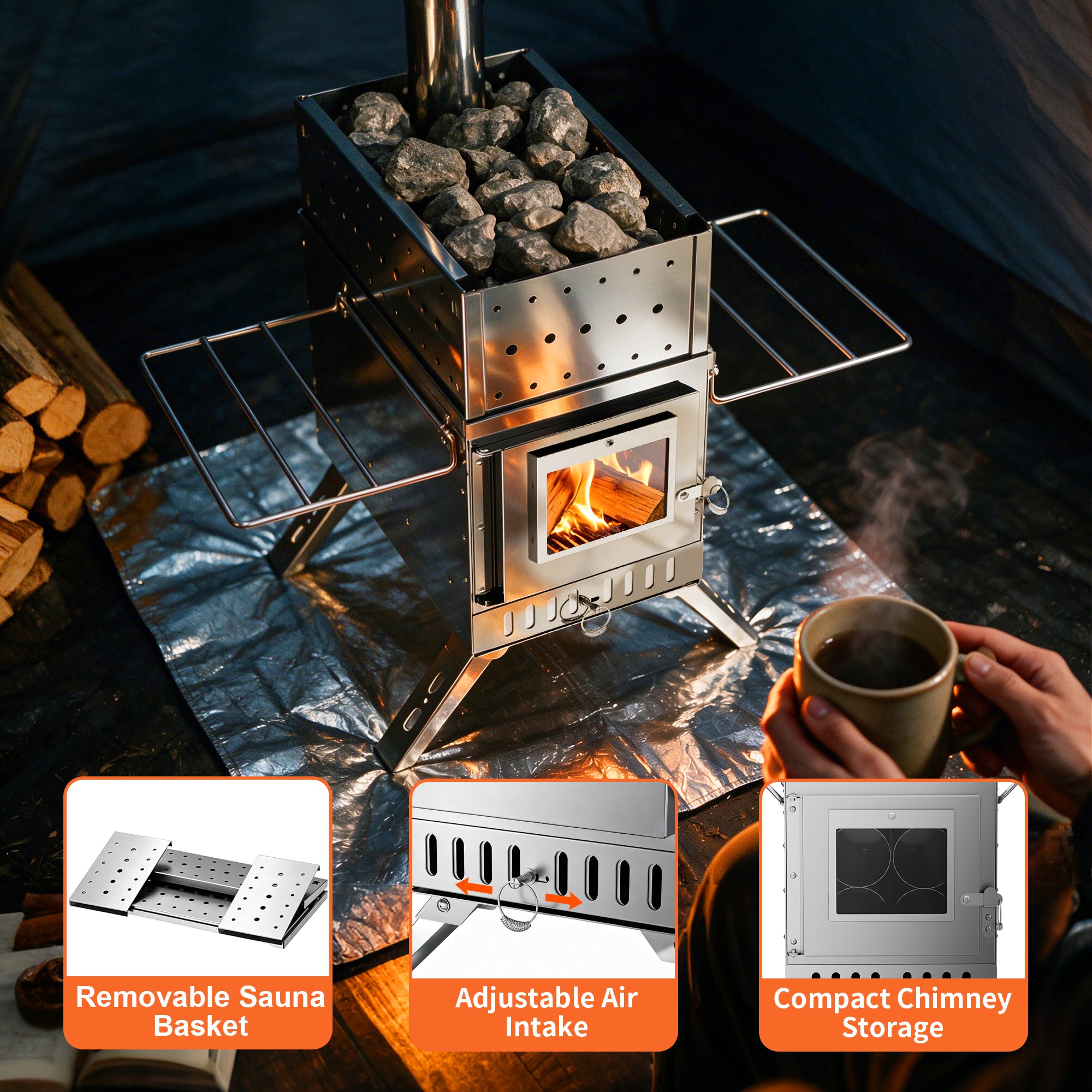 Wood Burning Sauna Stove Kit: 2 in 1 Portable Stainless Steel Heater Tent Stove for Outdoor Tents, Outdoor Sauna Hot Tent Stove with Chimney Pipes