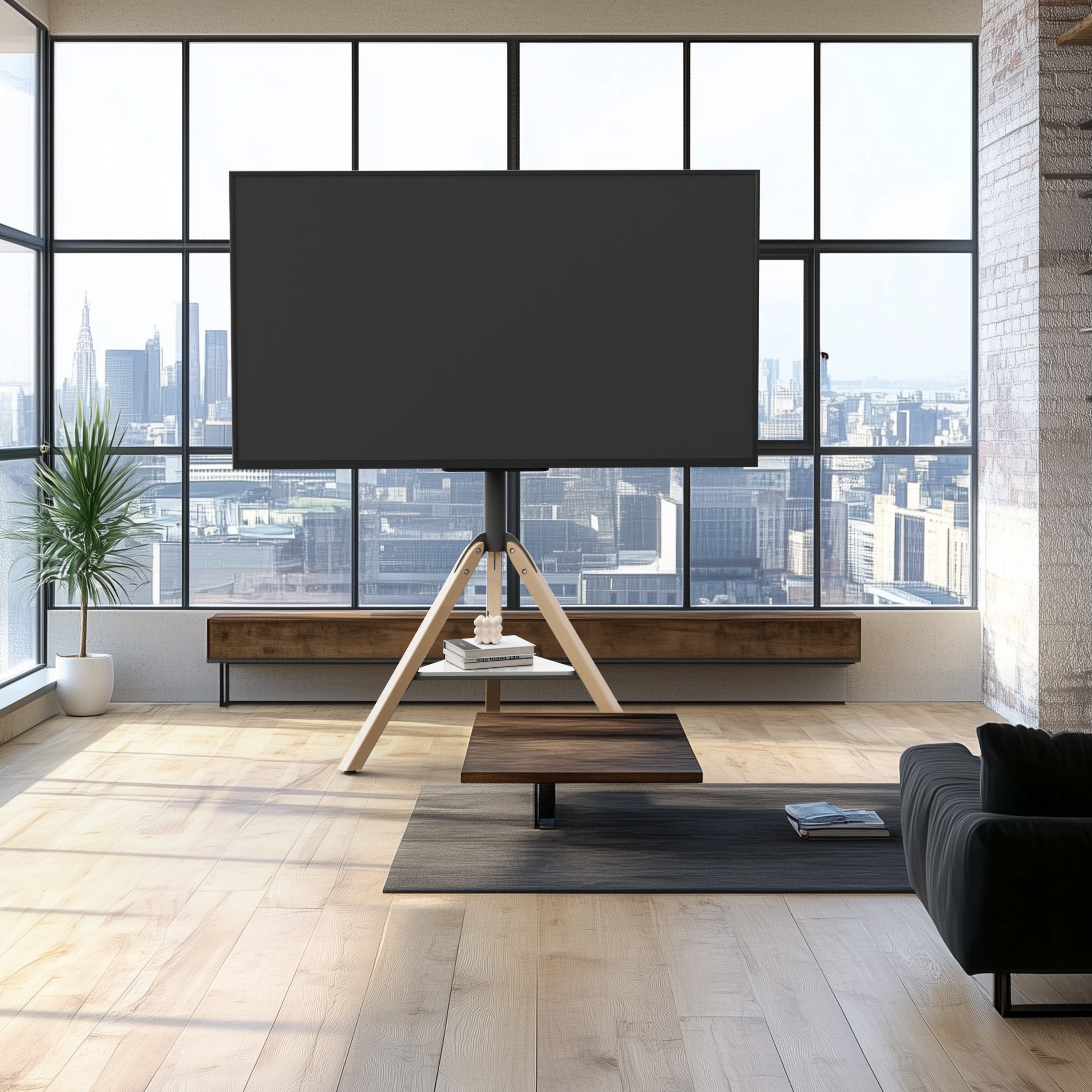 Mid Century TV Floor Stand for 40”-75” Corner Swivel TV Stand with Tripod Legs Height Adjustable