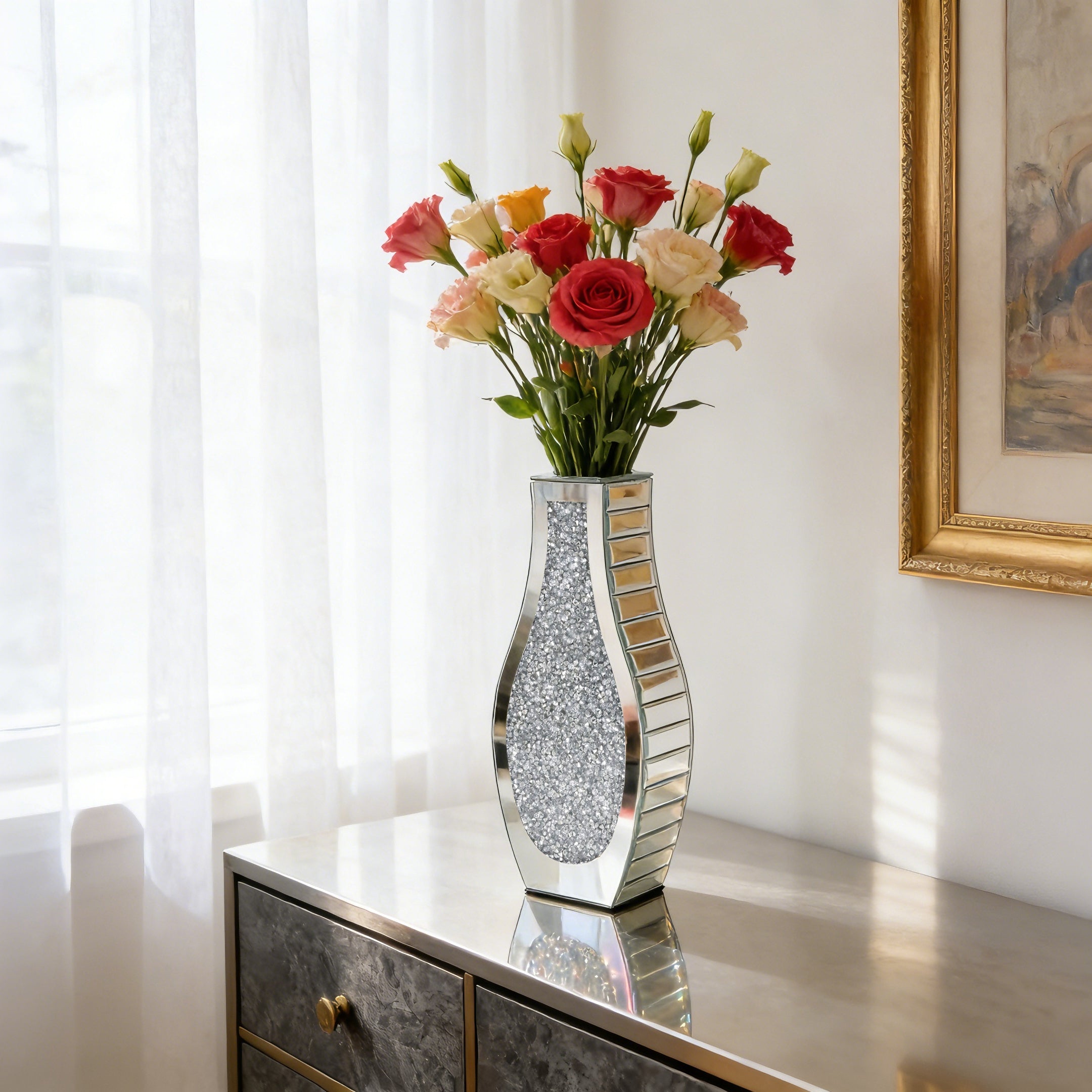 Silver Crushed Diamond Table Flower Vase for Dried Flowers Mirrored Table Centerpiece