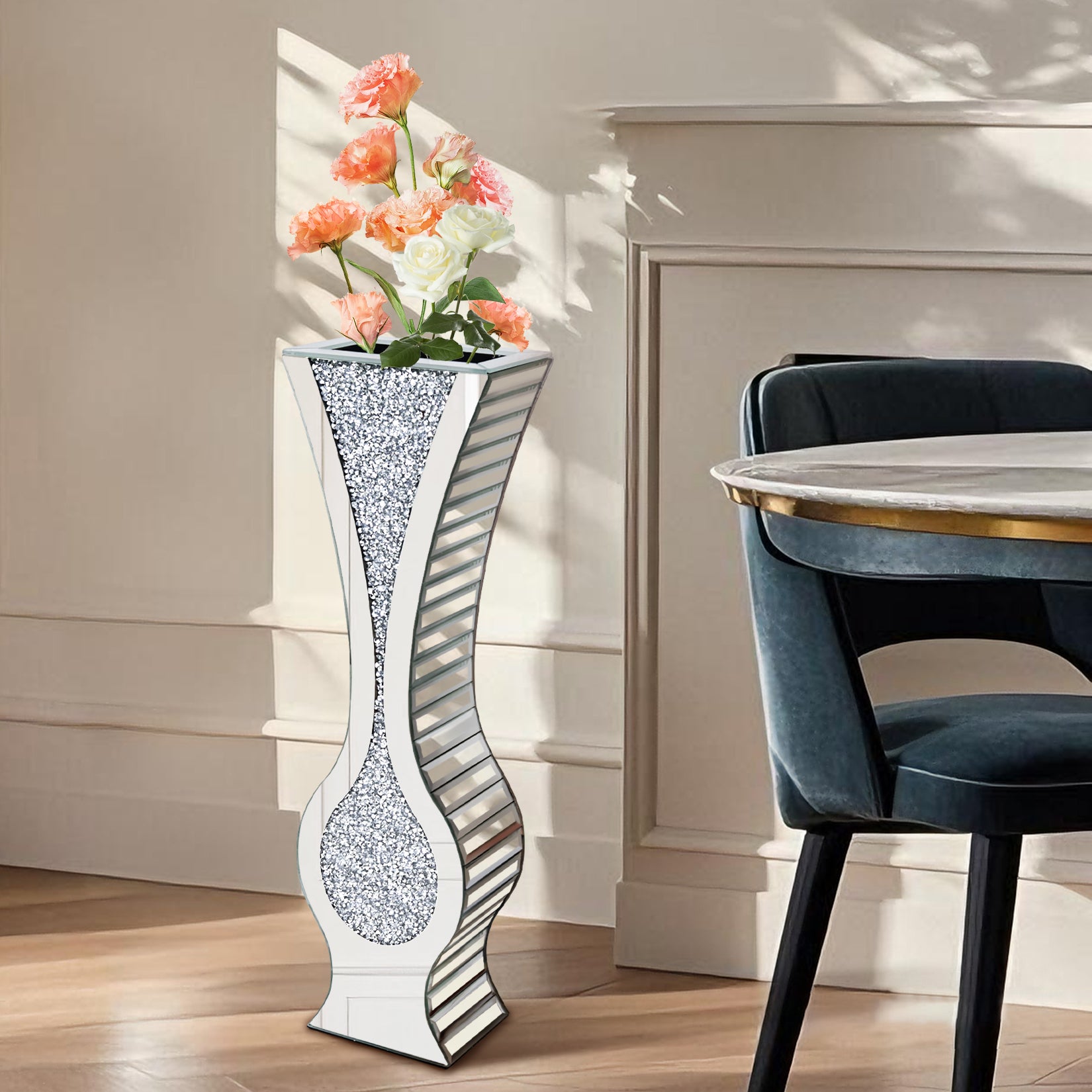 Silver 27” Tall Mirrored Vase Crushed Diamond Floor Vase Pampas Faux Flower Vase