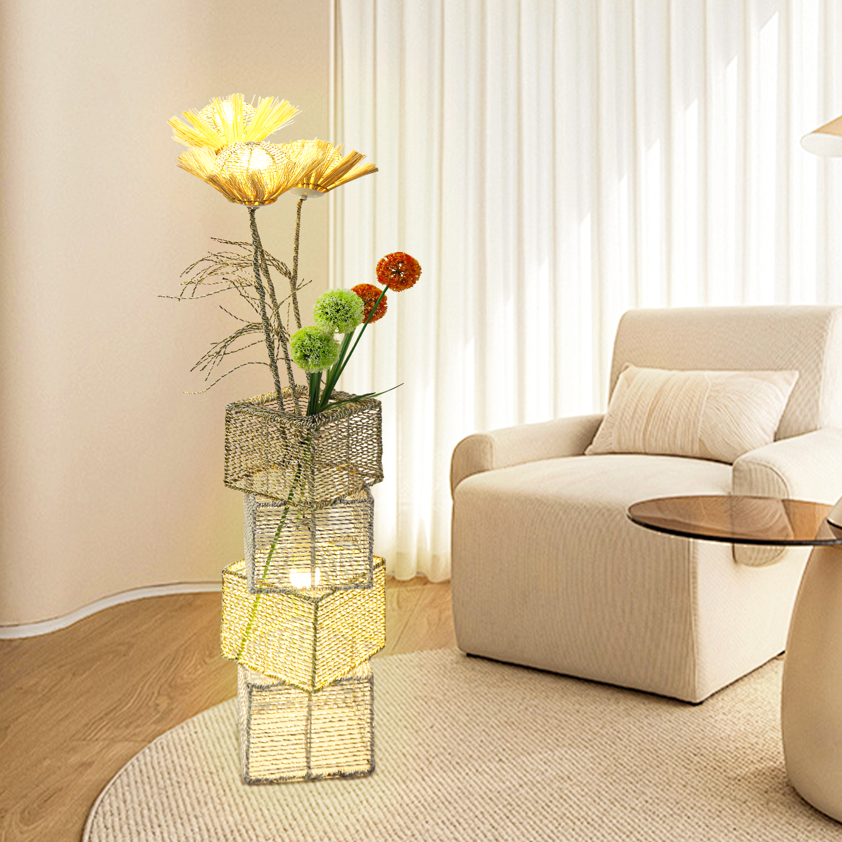 Pastoral Led Floor Lamp Hand-Woven Rattan Wicker Floor Standing Accent Lamp