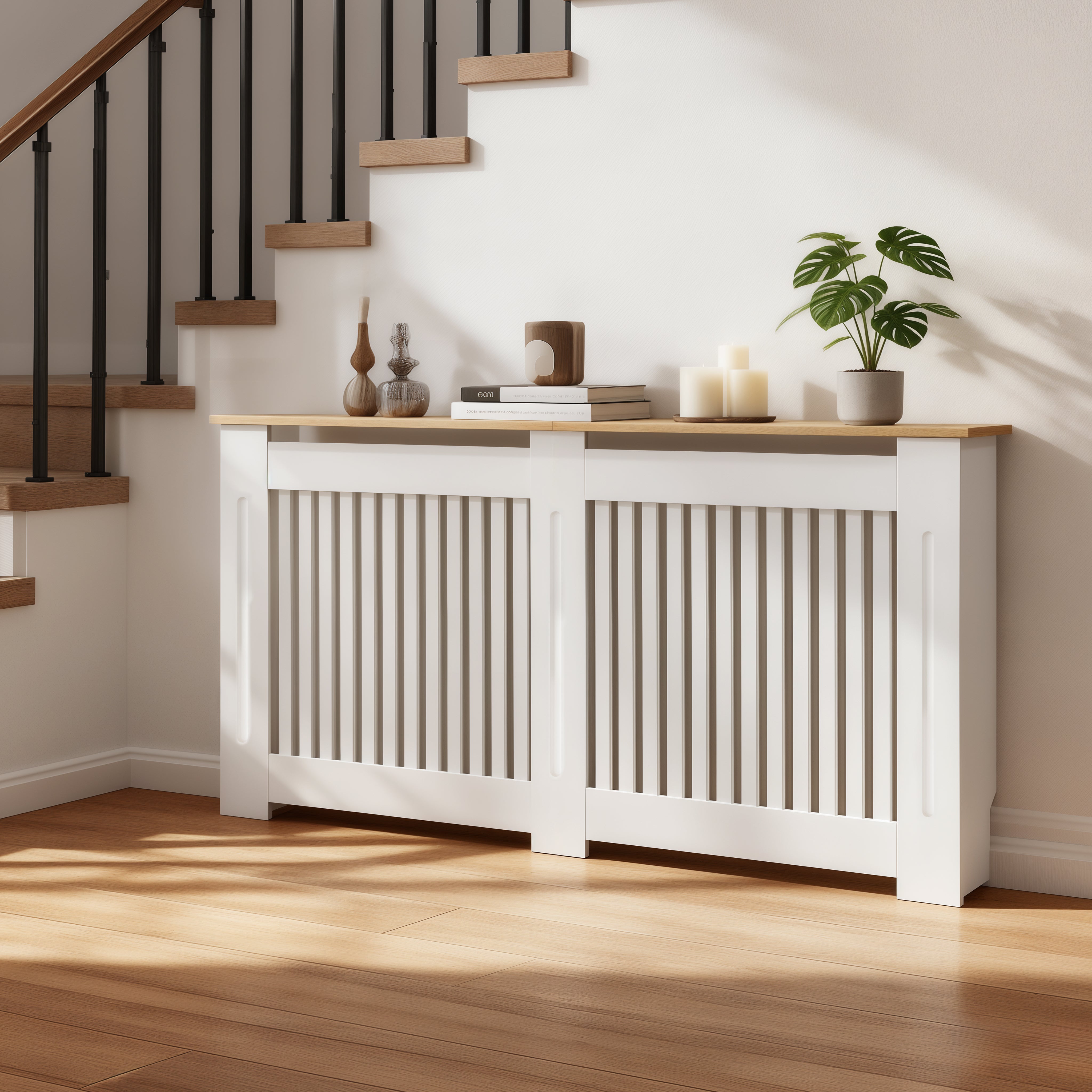 FATIVO Radiator Cover | Internal Height 81cm |  Vertical Slatted Heater Radiator Cover White MDF Radiator Cover with Wood Texture Nature Top for Living Room, Bedroom