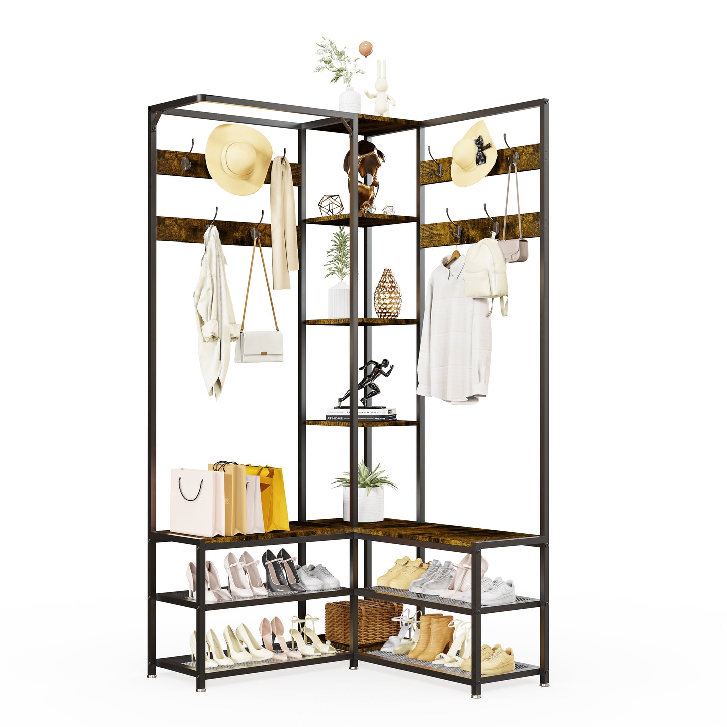 Industrial Corner Clothes Stand with Shoe Rack Storage Bench for Entryway