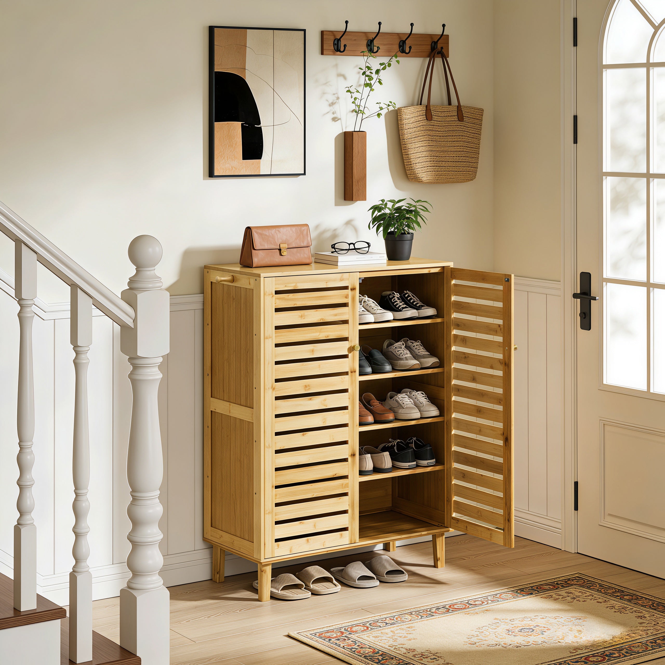 2/3 Doors Bamboo Shoes Storage Cabinet with Slatted Doors & Shelves for Entryway, Hallway