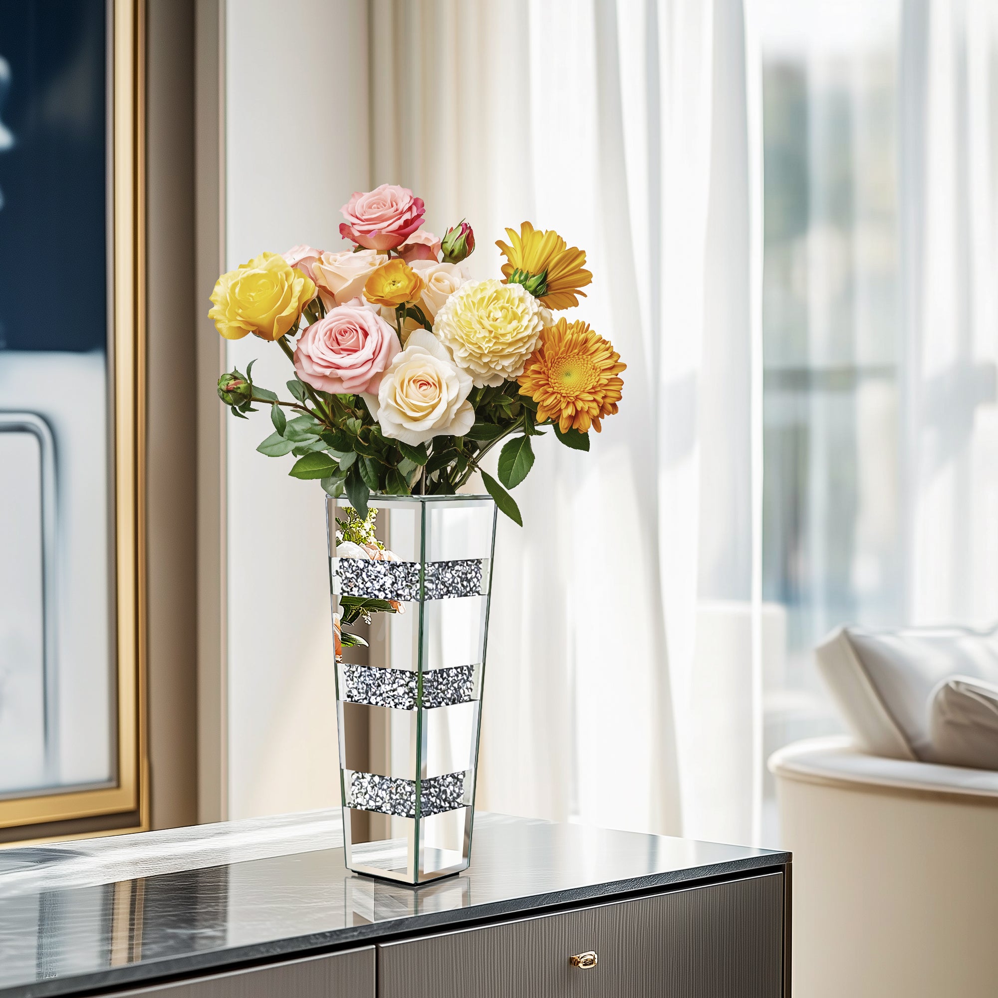 Decorative Mirrored Flower Vase Table Vase with Crushed Diamonds Luxury Silver Decor