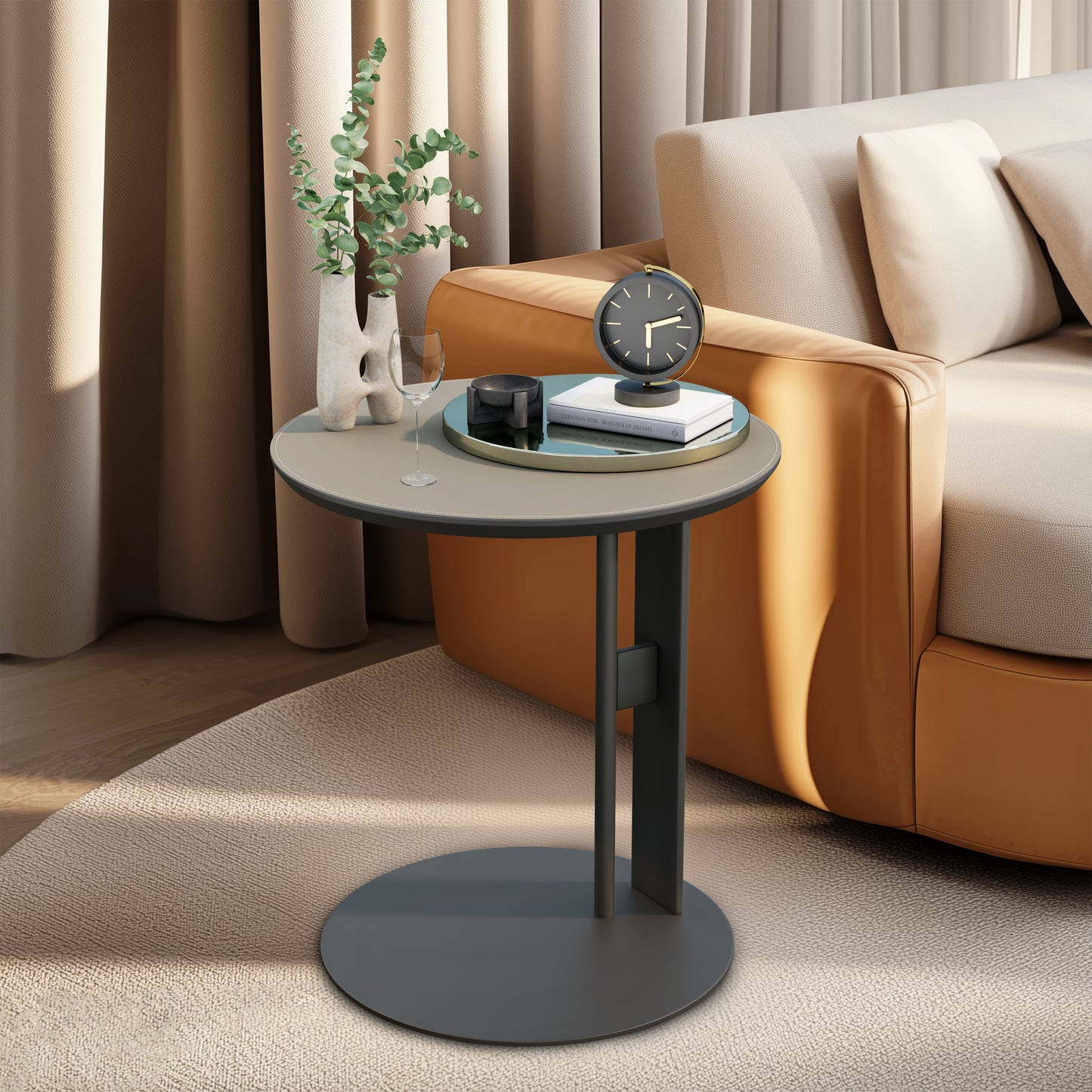 C-Shaped Side Table Display Table with Microfiber Saddle Leather Tabletop