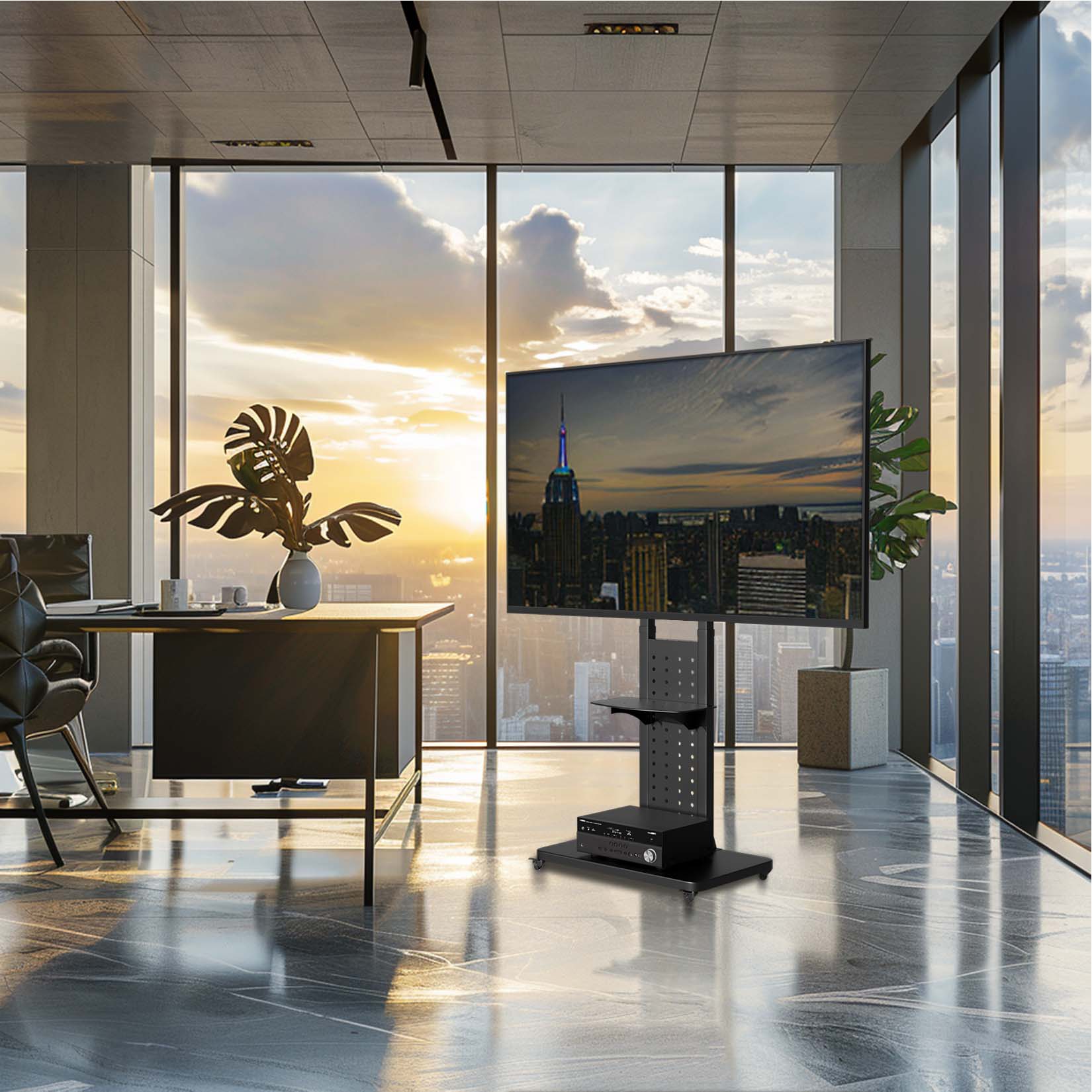 TV Floor Stand on Wheels with Storage Shelves Trolley TV Mount for 32’’-65'' TV LCD