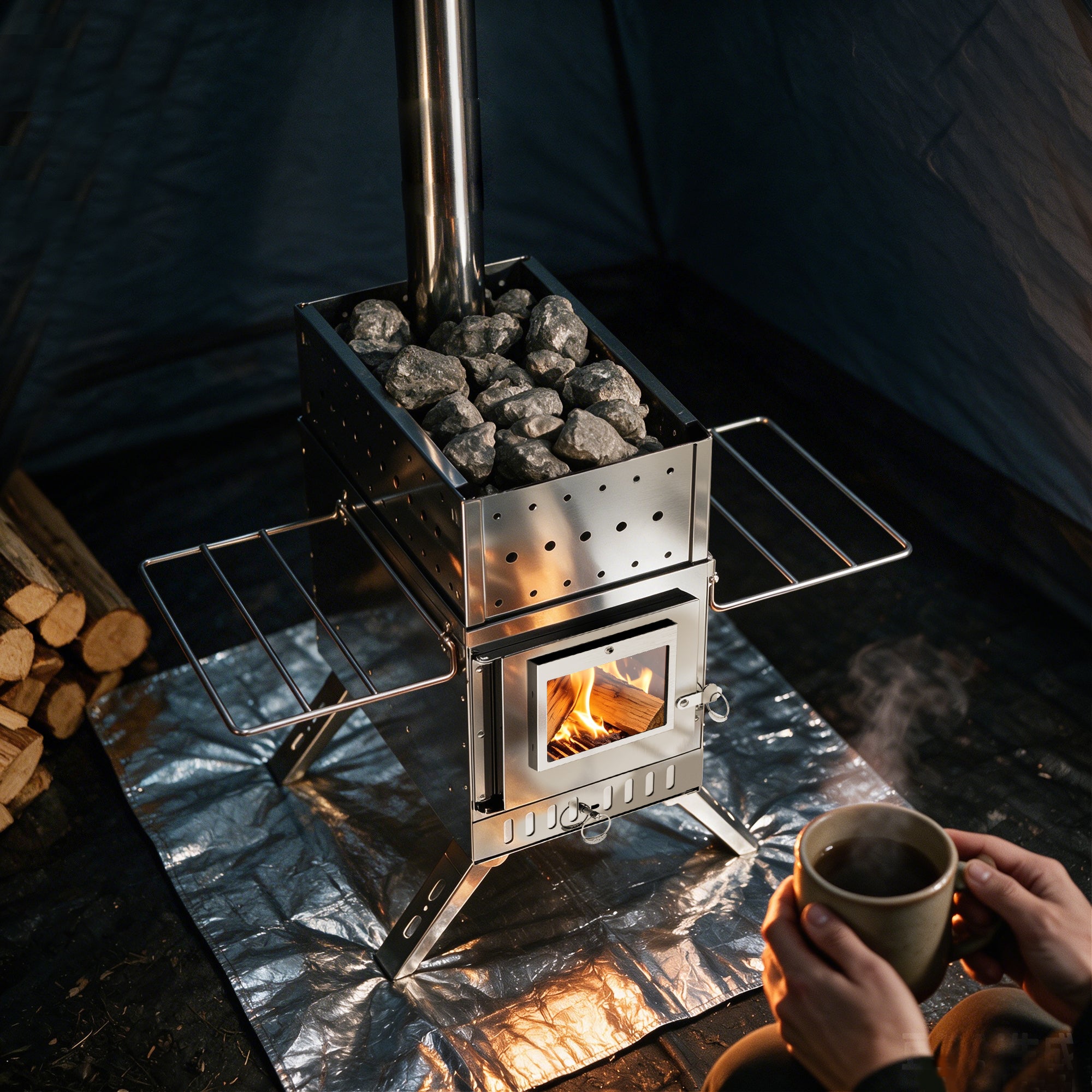 Wood Burning Sauna Stove Kit: 2 in 1 Portable Stainless Steel Heater Tent Stove for Outdoor Tents, Outdoor Sauna Hot Tent Stove with Chimney Pipes
