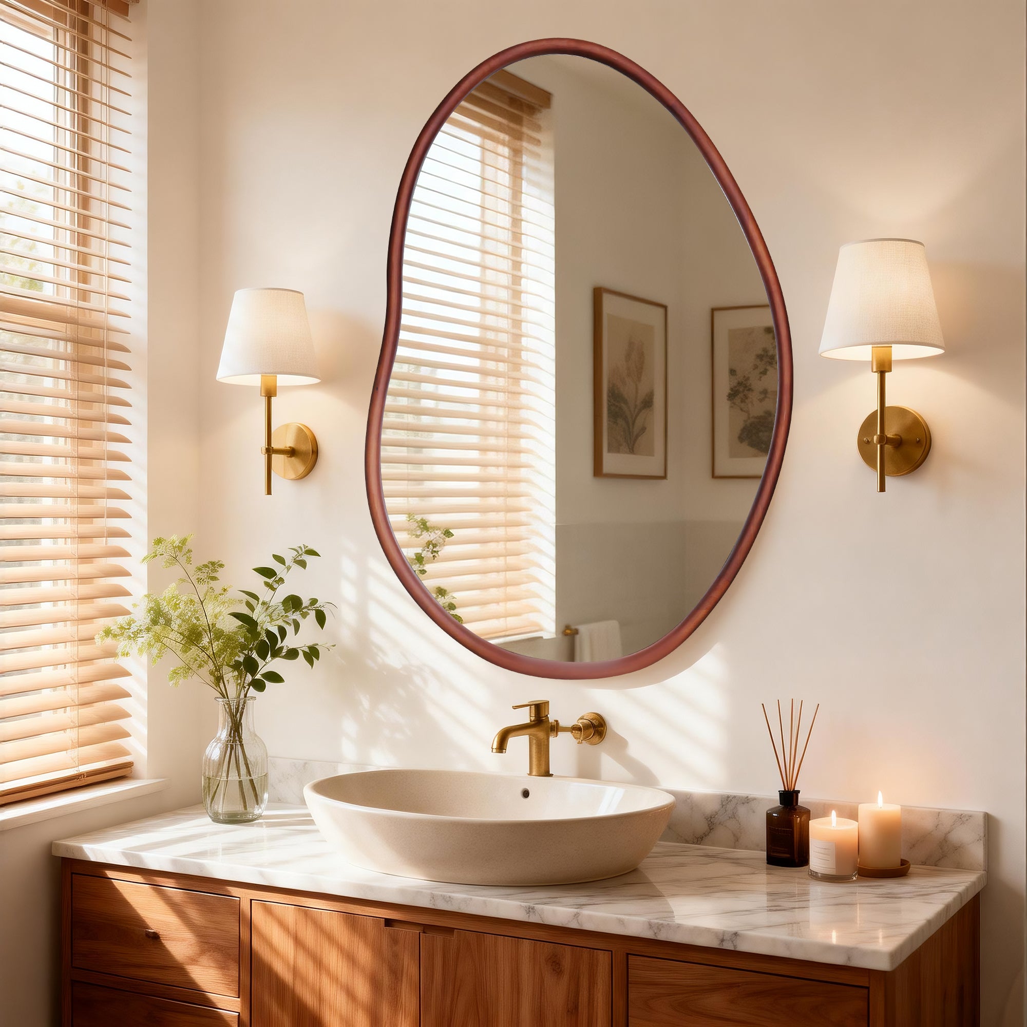 Irregular Wall Mirror: Abstract Asymmetrical Wood Frame Tempered Glass Wall Mirror, Entryway Accent Mirror, Horizontal Vertical Hanging