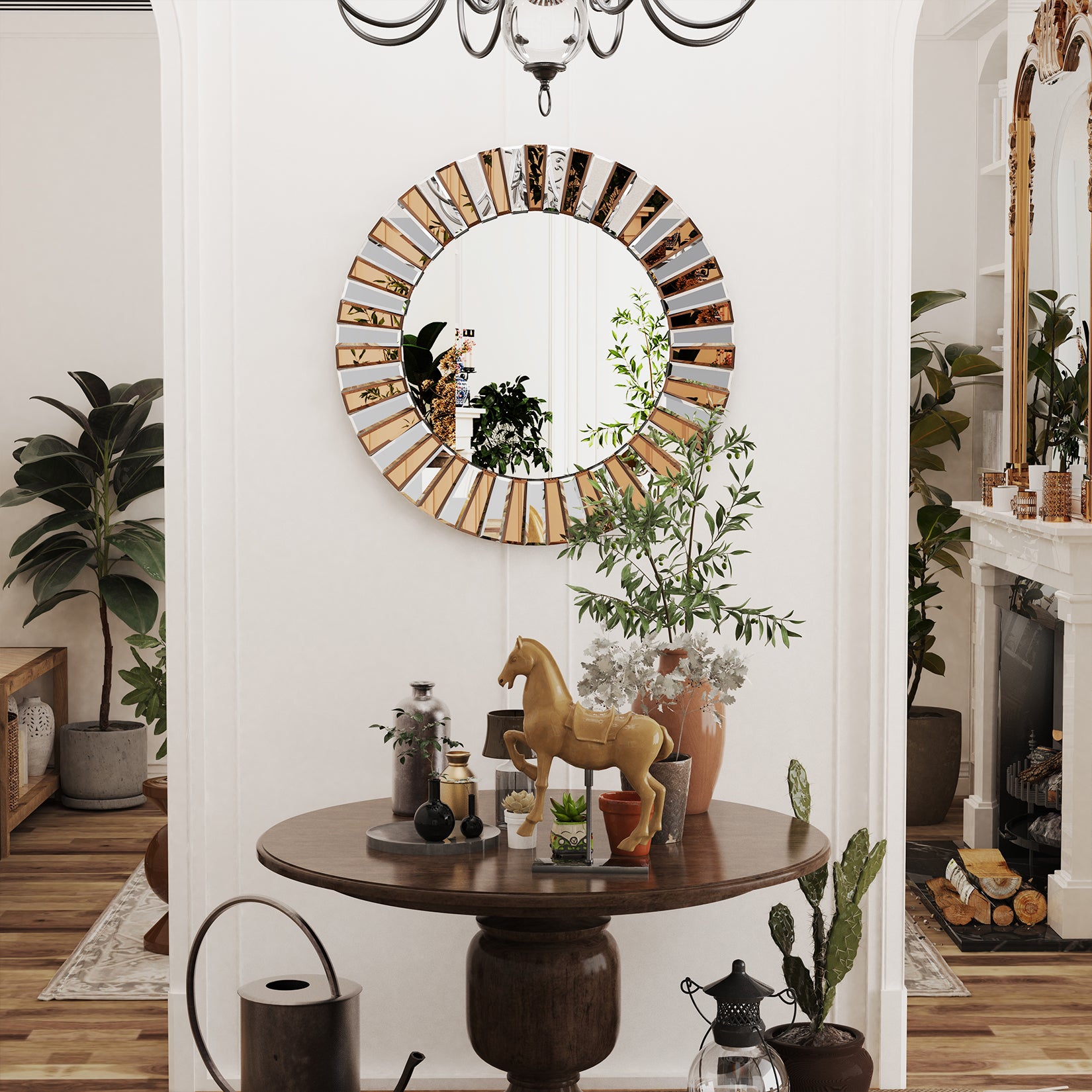 Unique Glass Beveled Edge Sunburst Round Wall Mirror