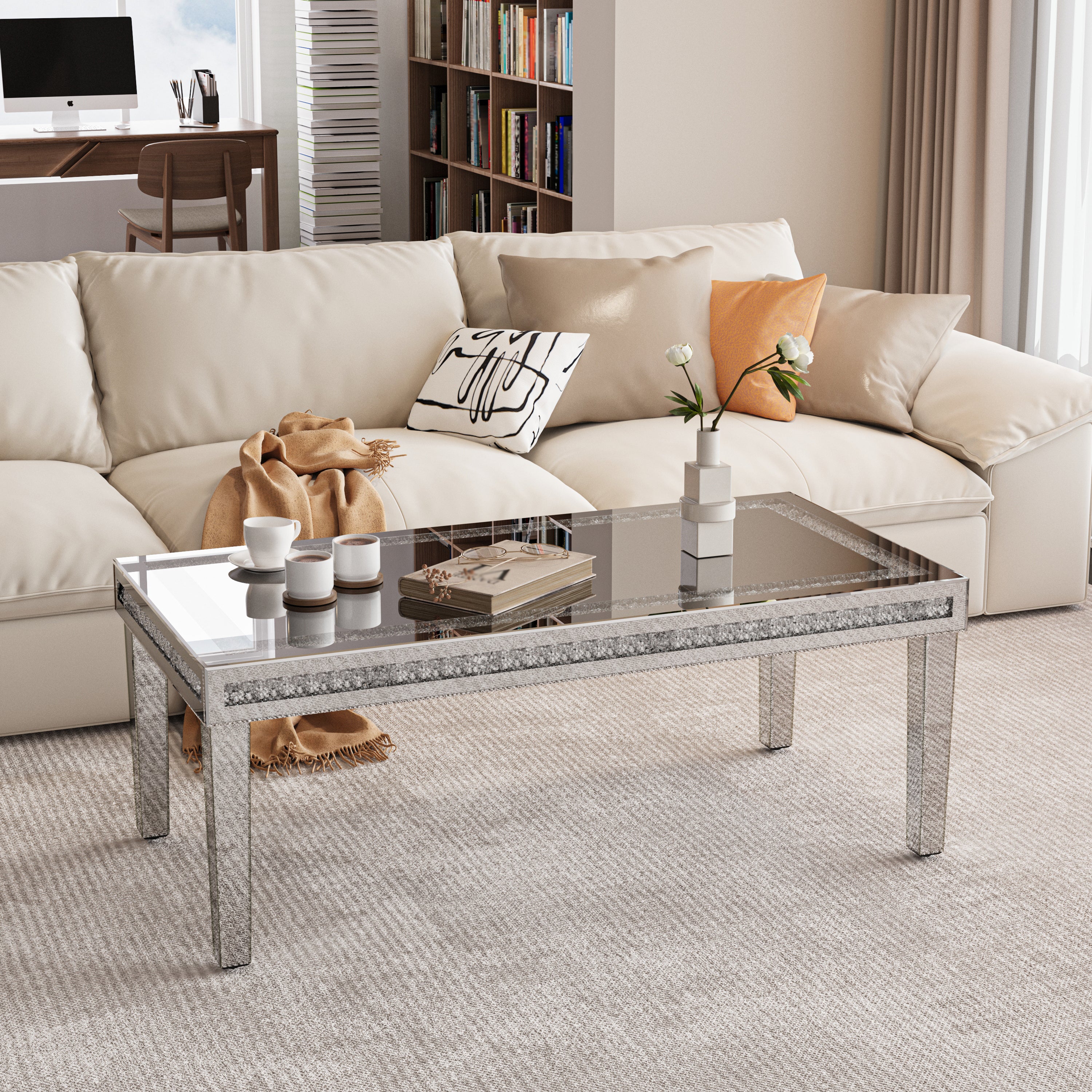 Rectangular Mirrored Coffee Table: Luxury Crushed Diamond Coffee Table Silver Mirrored Finish